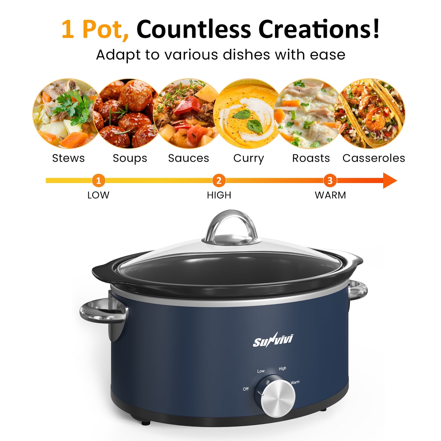 3QT Compact Slow Cooker & Food Warmer with 3 Temperature Settings, Removable Ceramic Pot, Dishwasher-Safe Glass Lid, Stainless Steel - Available in Black, Silver, and Blue