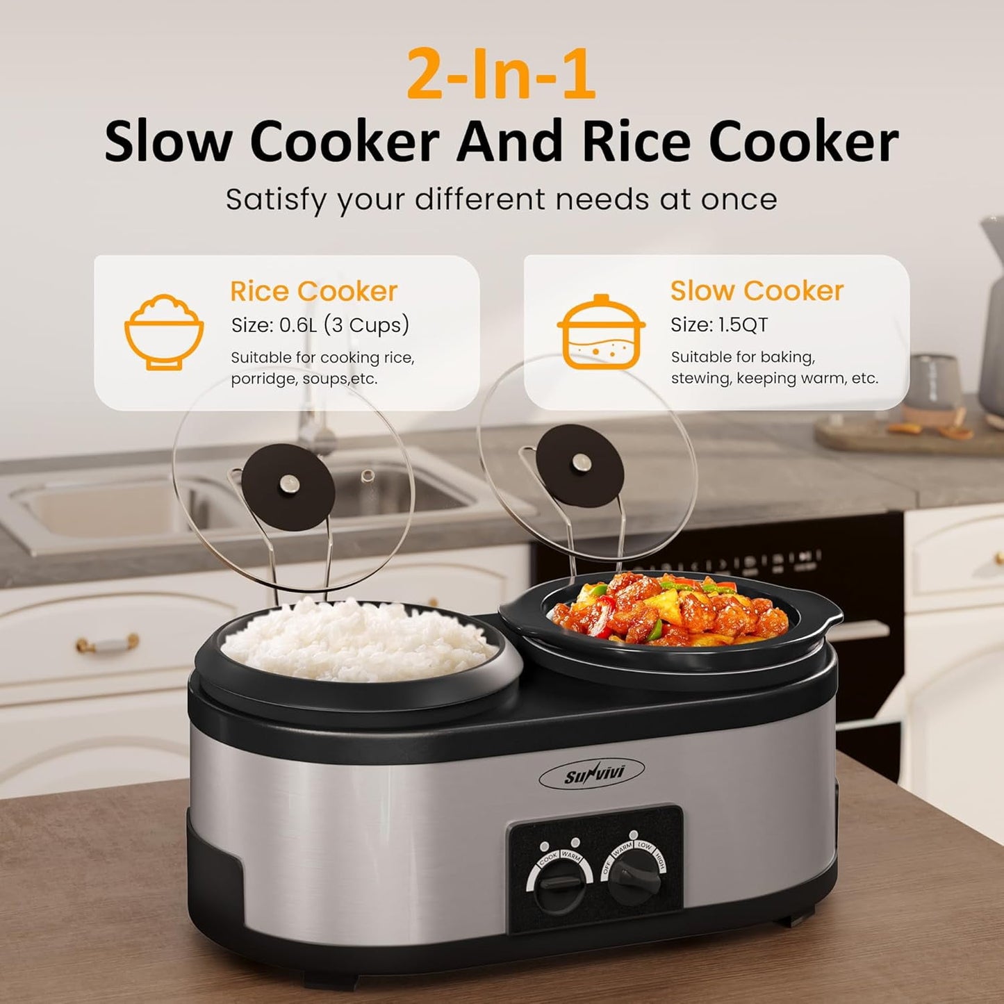 Sunvivi 2 in 1 Slow Cooker and Rice Cooker, Multi Slow Cooker with 1.5 QT Ceramic Pot & 3 Cup Rice Cooker , Non-Stick Aluminum Pot & Indicator Lights, Dual Control Knob, Stainless Steel