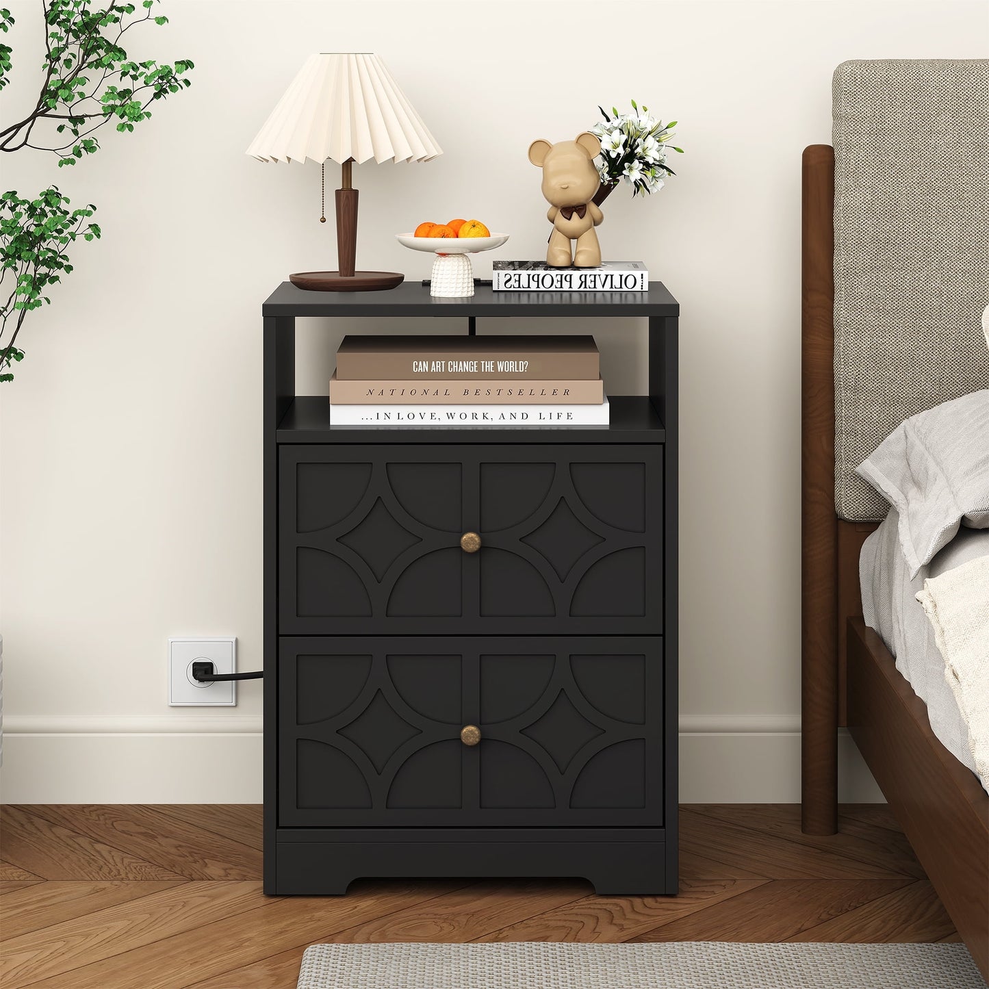 Heynemo Modern Accent Side Table with 2 Drawers, Gold Knobs, and Diamond Carvings, Large Night Stand for Living Room, Bedroom, Entryway, Black