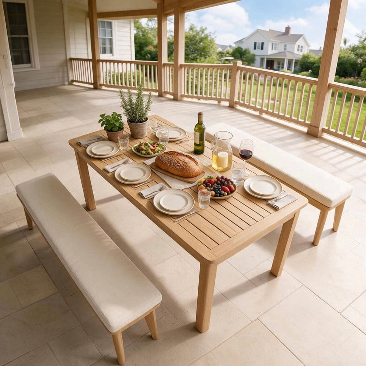 3-Piece Acacia Patio Table & Bench Set for All-Weather, Outdoor Patio Dining Set with Umbrella Hole & Benches with Removable Cushions, Durable Patio Table and Bench Set for Garden, Heynemo