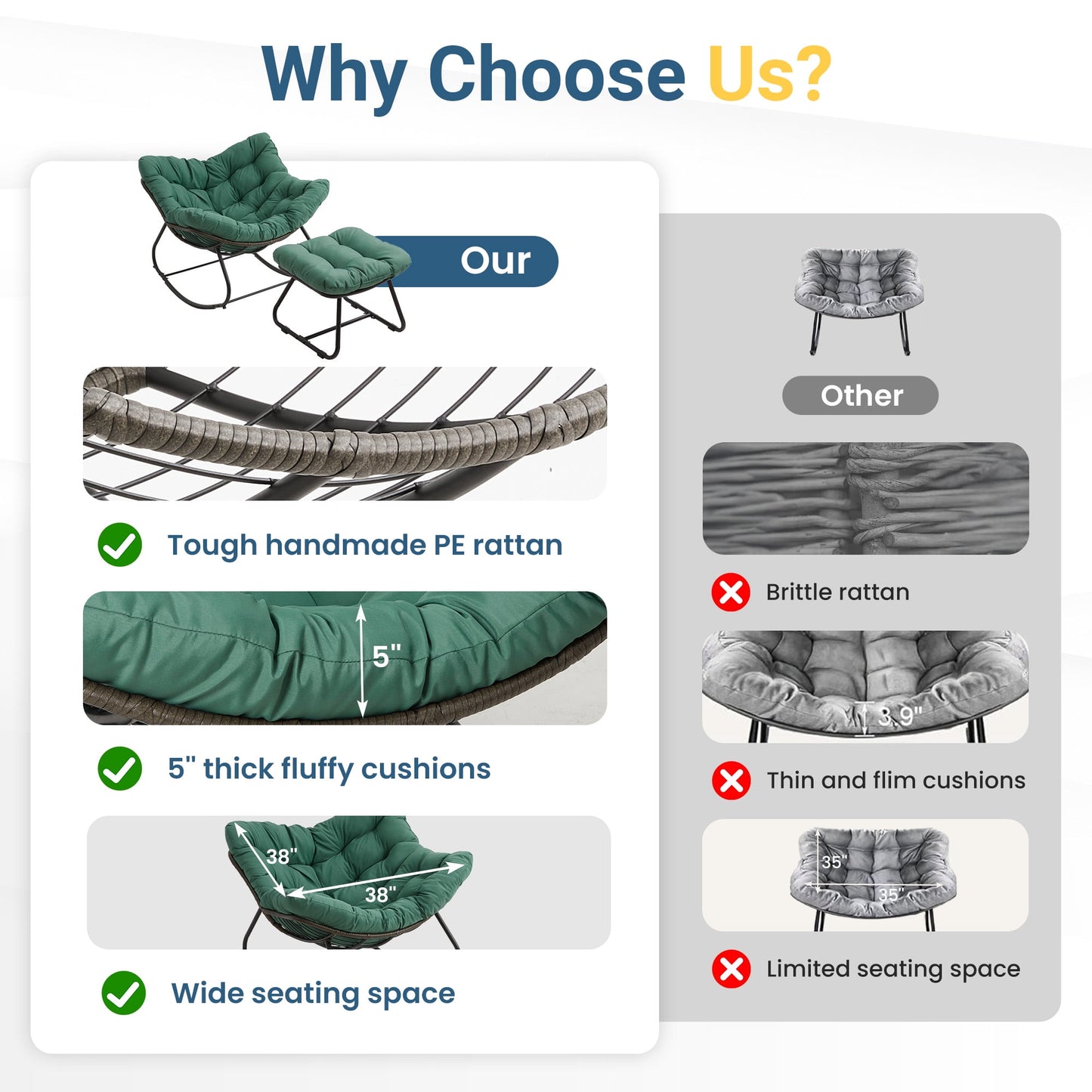 Heynemo Patio Rocking Chair with Ottoman for Outdoor & Indoor, Outdoor Wicker Papasan Chair with Thick Cushions for Garden, Porch, Green