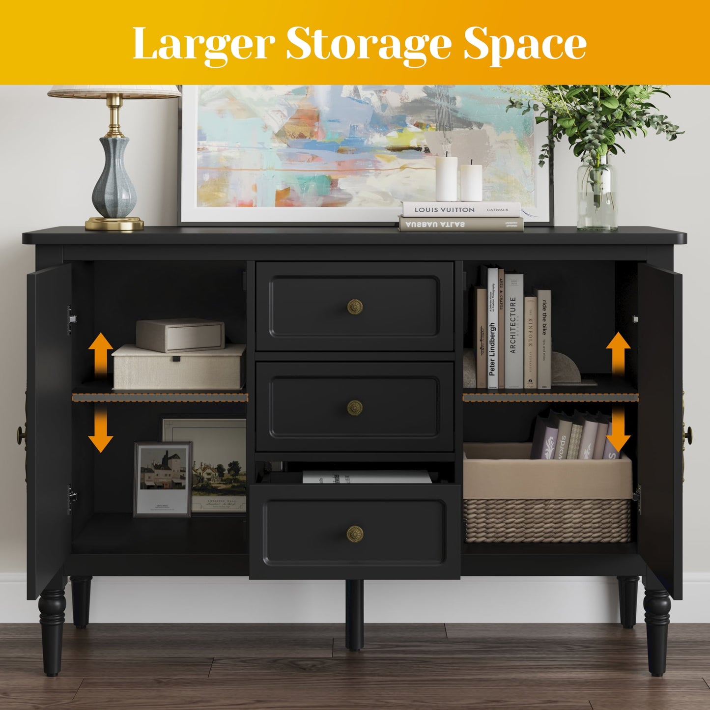 Heynemo Storage Cabinet with 2 Doors & 3 Drawers, Sideboard Cabinet with Adjustable Shelves, Ideal for Entryway, Living Room, Dining Room, Black
