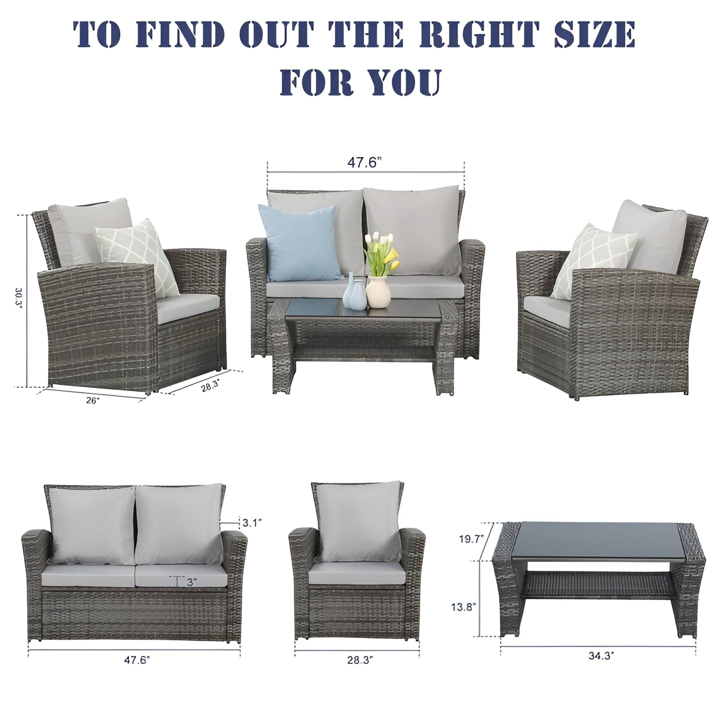 Superjoe 4 Pcs Outdoor Patio Furniture Set Wicker Sectional Sofa with Coffee Table,Gray