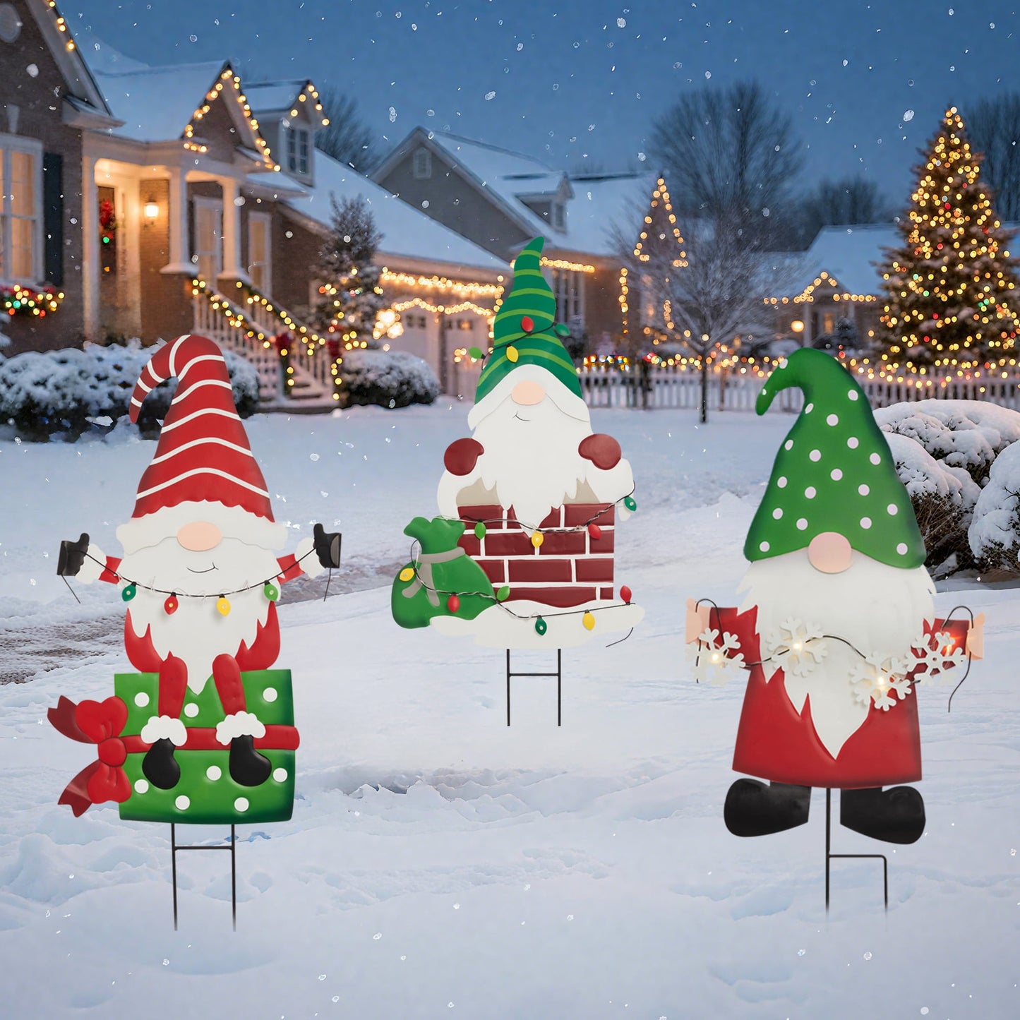 Heynemo Solar Christmas Gnome Yard Stake, Lighted Metal Holiday Garden Decoration, Waterproof Lawn & Pathway Ornament, Present Style