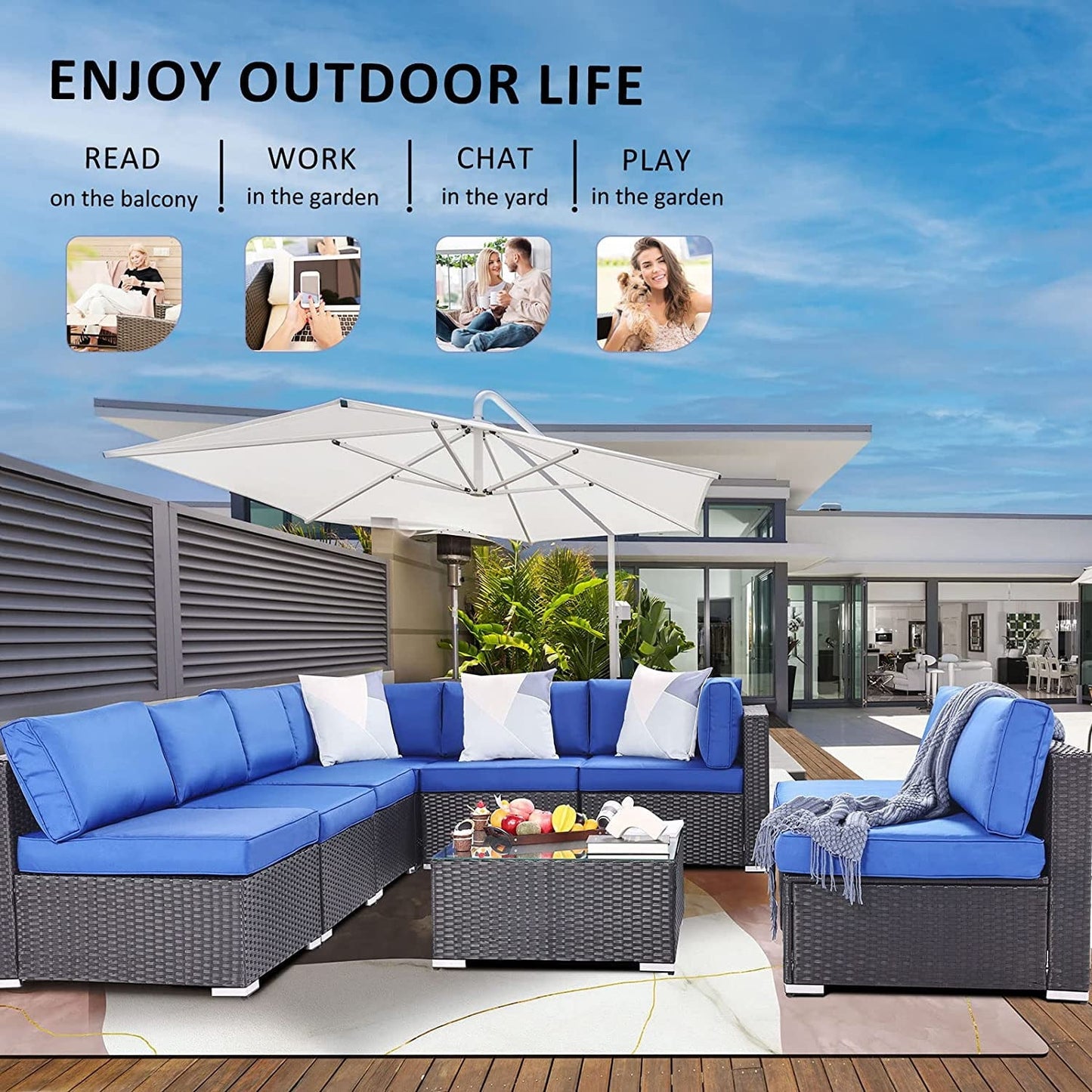Royalcraft 7 Pieces Outdoor Conversation Set, All-Weather Wicker Rattan Sectional Sofa Set with Cushions & Coffee Table, Blue
