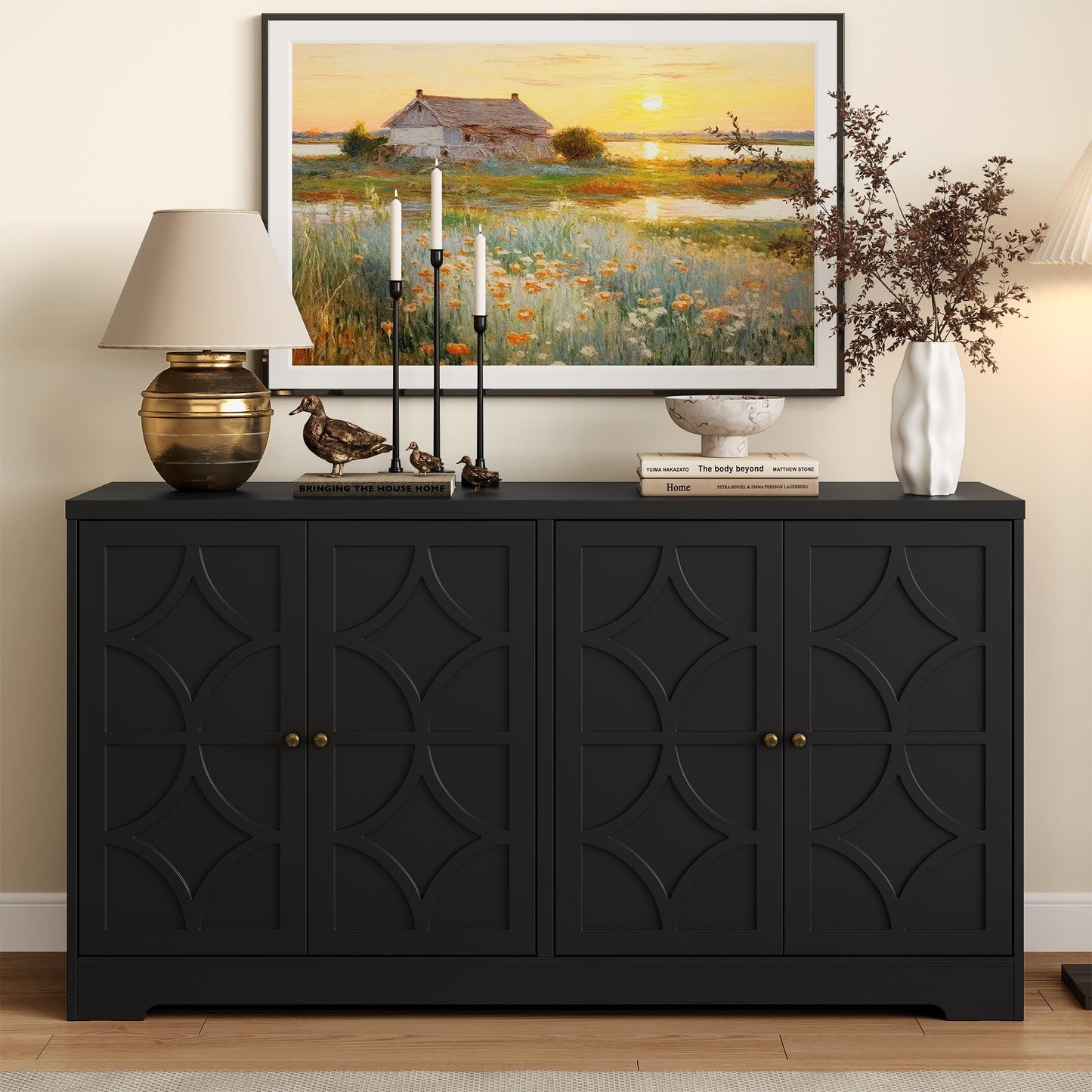 Heynemo Sideboard Buffet with Storage Cabinet, 56'' Modern Sideboard with 4 Doors and Adjustable Shelves, Accent Cabinet Coffee Bar Cabinet for Entryway, Dining Room, Living Room, Black