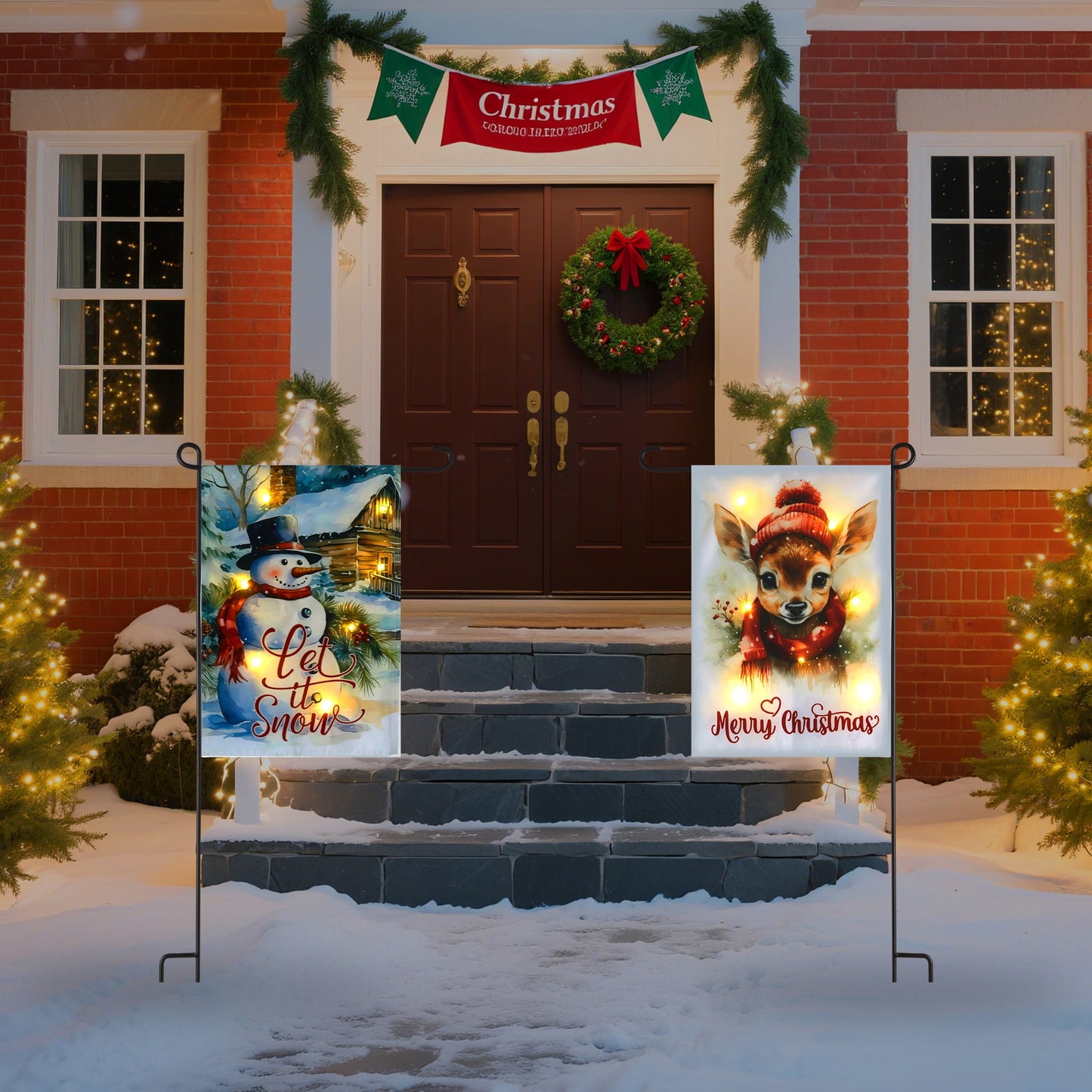 Heynemo Christmas Solar Garden Flag with Lights, LED 12"x18" Double-Sided Snowman Yard Flag,  Snowman Garden Decoration for Lawn, Porch, Path