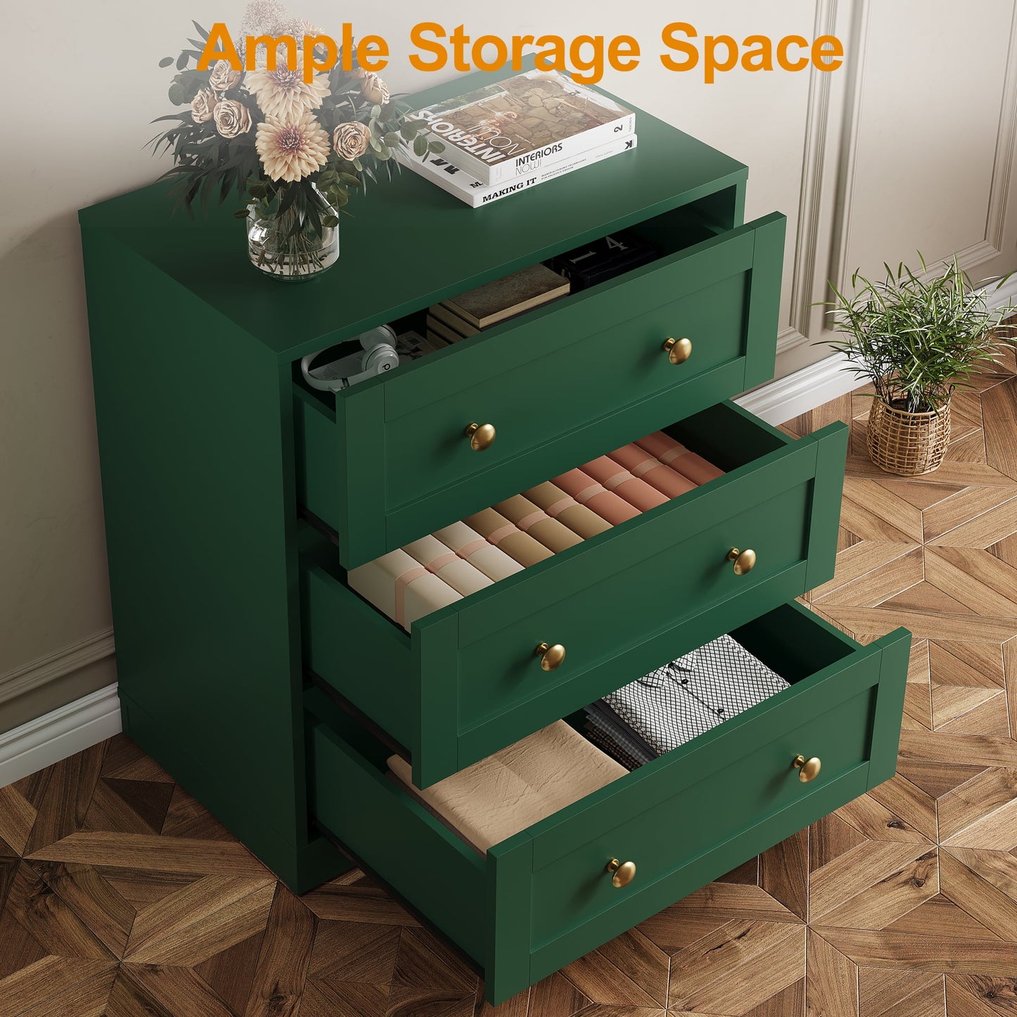 May in Color 3 Drawer Nightstand, Large Bedside Table with Golden Round Knobs, Modern Wood End Table for Bedroom, Living Room, Hallway, Closet, Green