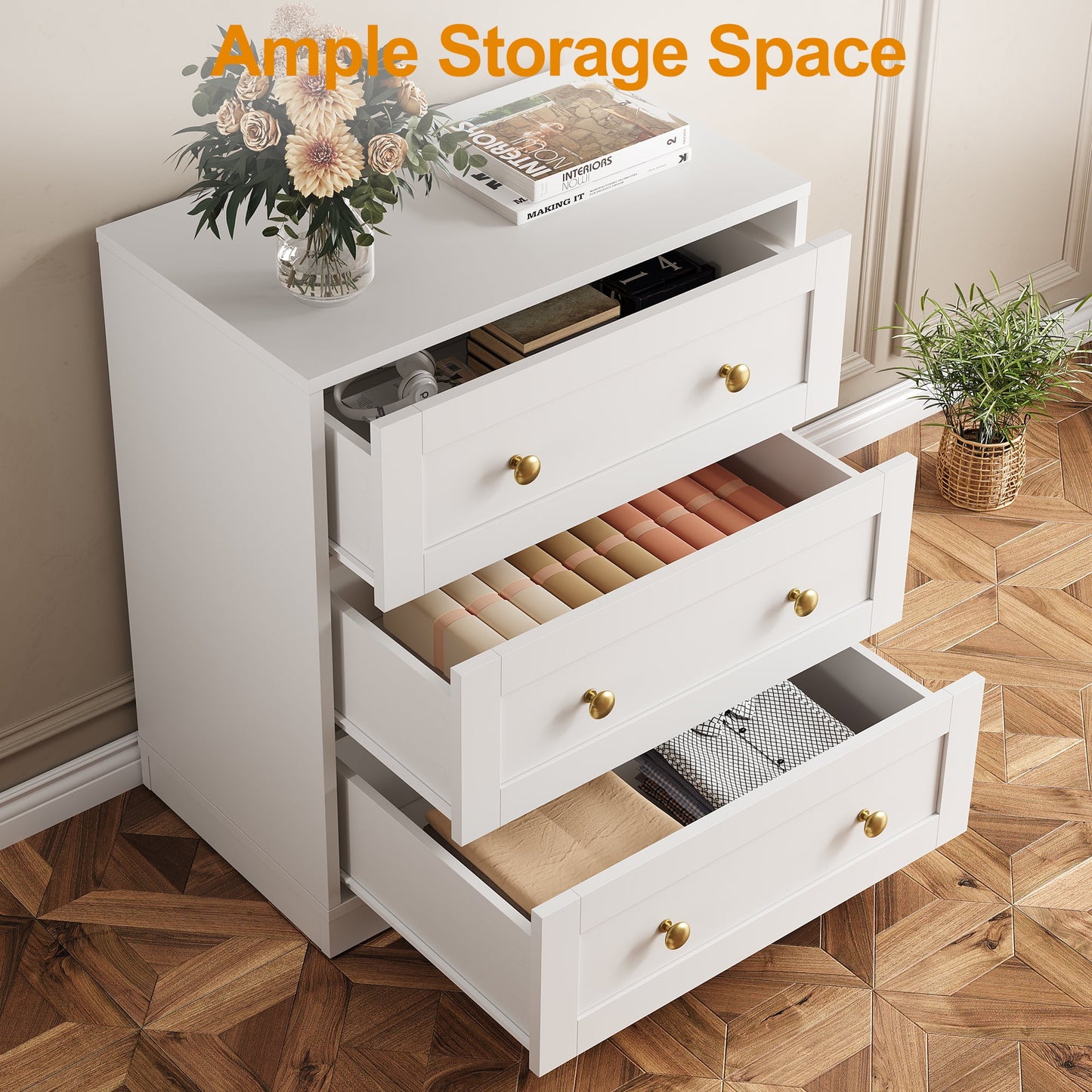 May in Color 3 Drawer Nightstand Set of 2, Modern White End Table with Gold Knobs, White