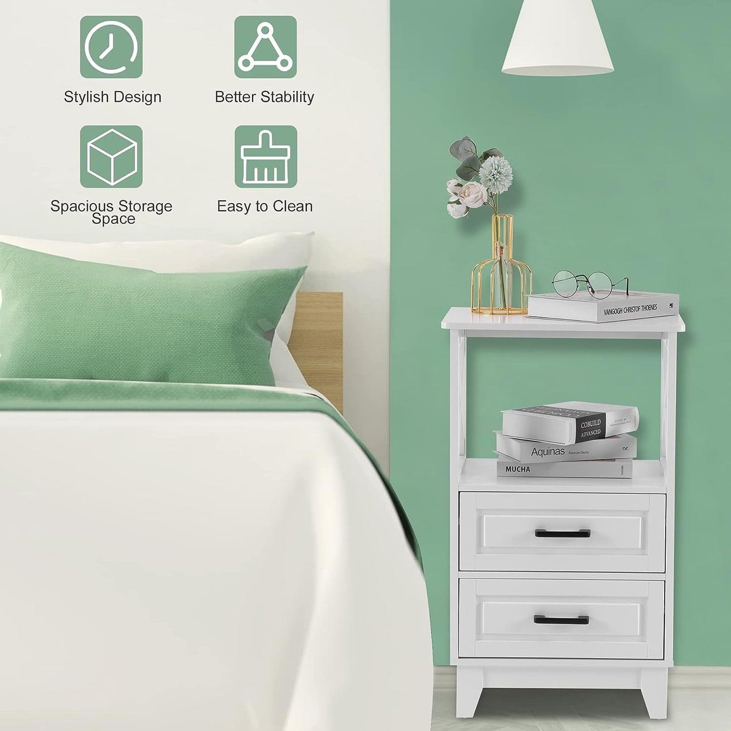 RoyalCraft White Nightstand Set of 2, Wood X-Design Tall Nightstand with 2 Drawers, Modern Side Tables with Storage, Bedside End Tables for Bedroom, Living Room