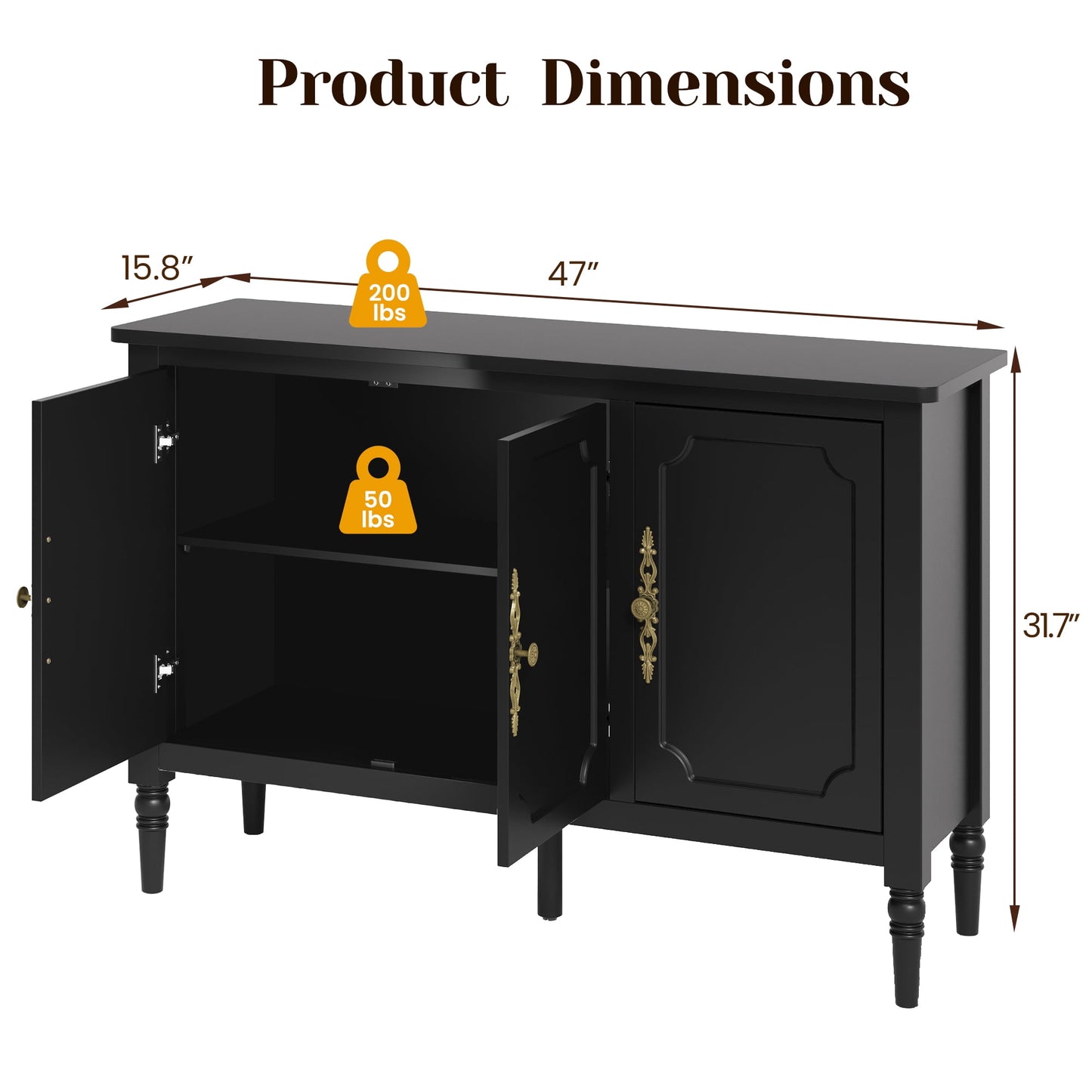 Heynemo 3-Door Storage Cabinet, Sideboard Cabinet with Adjustable Shelves, Ideal for Entryway, Living Room, Dining Room, Black