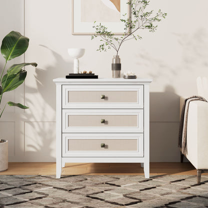 3 Drawer Dresser, Cane Nightstand with Rattan Decorated Drawers, Tall Bedside End Table for Bedroom, Living Room, Entryway