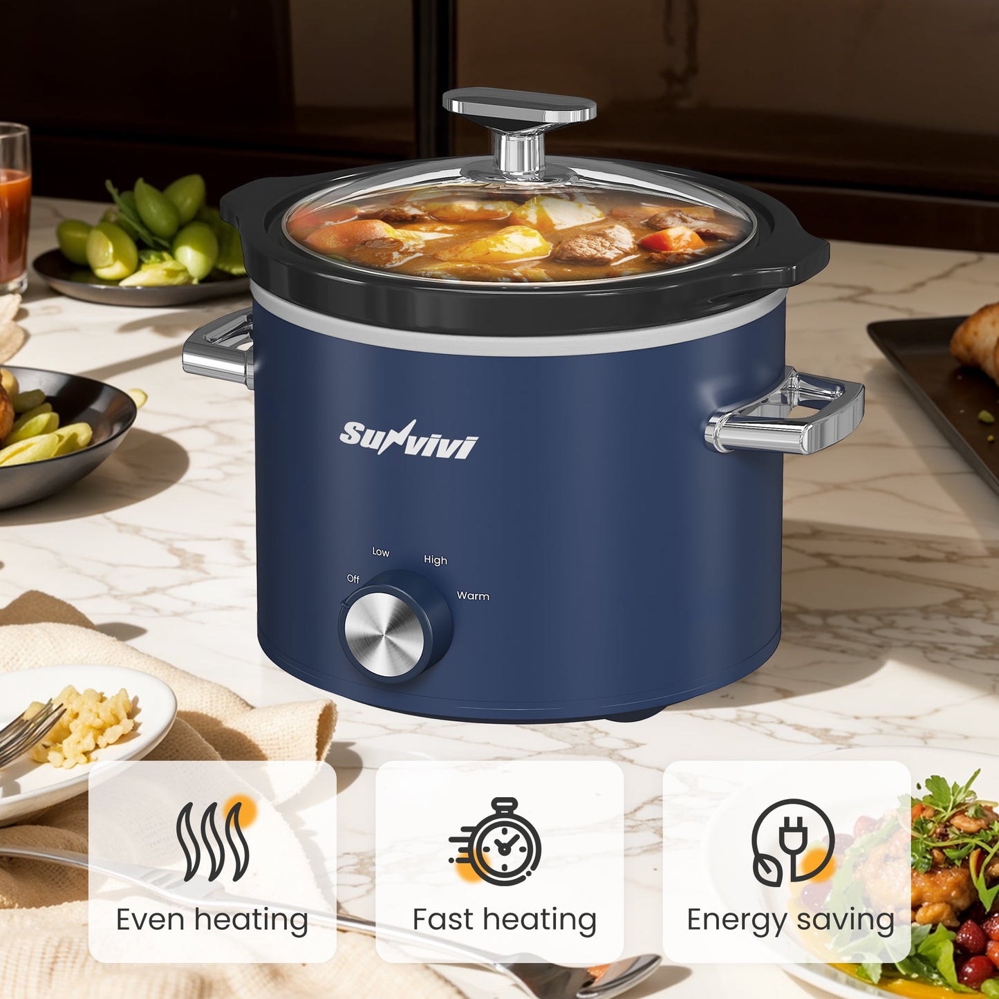 2QT Small Slow Cooker with Removable Ceramic Pot, 3 Heating Settings, Dishwasher-Safe Glass Lid,Blue