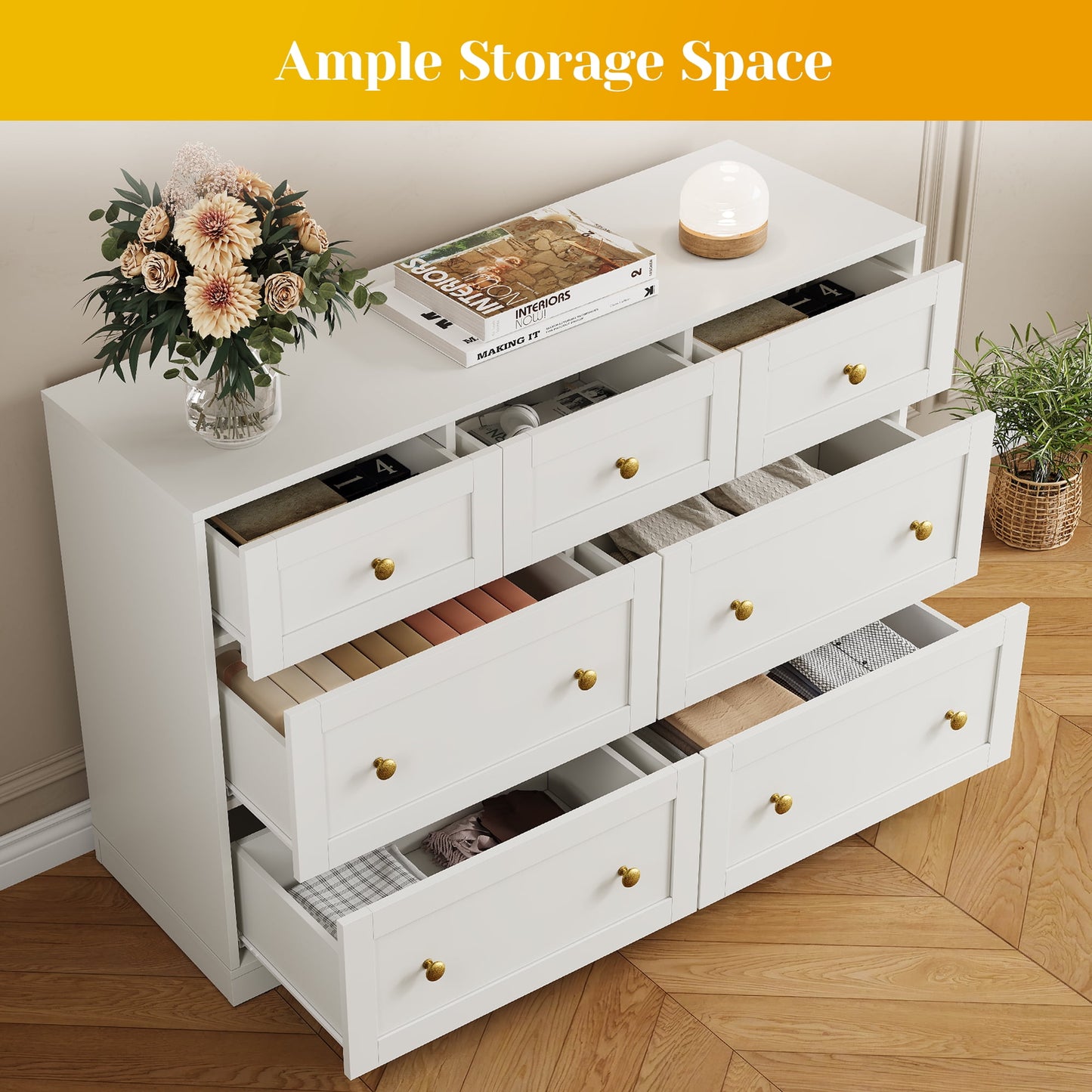 May in Color Dresser for Bedroom with 7 Drawers, Wood Drawer Organizer for Bedroom, Living Room, Hallway, White