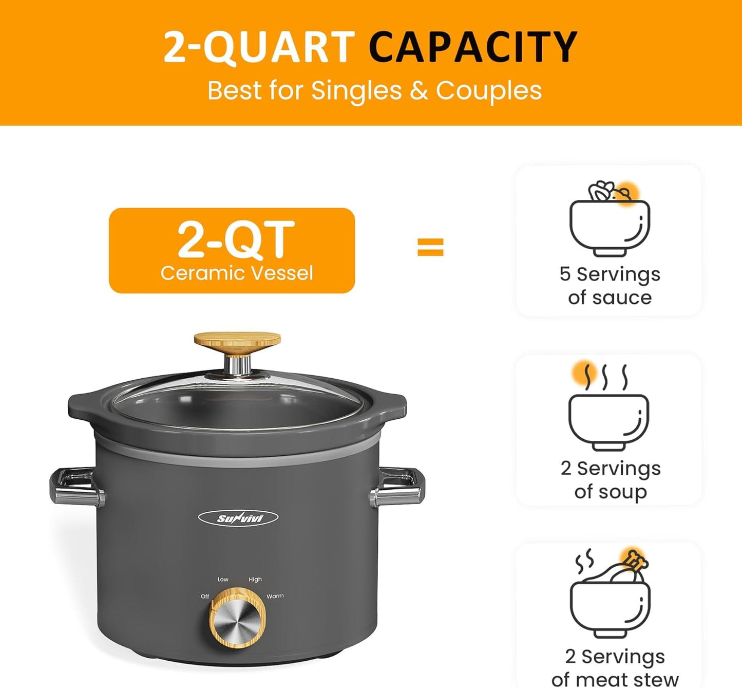 Superjoe 2 Quart Slow Cooker, Small Slow Cooker with Removable Ceramic Pot, Slow Cooker Food Warmer with 3 Heating Settings & Dishwasher Safe Glass Lid, Grey