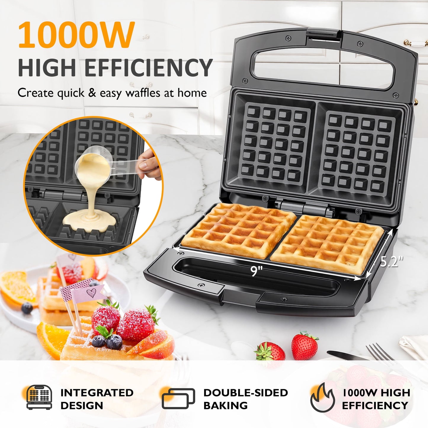 Heynemo Electric Belgian Waffle Maker, 2 Slices Waffle Iron, Nonstick Plates, Indicator Light, Cool Touch Handle, Vertical Storage, Easy to Clean, Silver