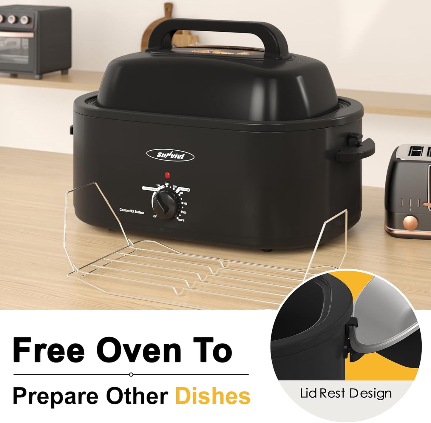 Superjoe 22 Quart Electric Roaster Oven with Self-Basting Lid, Turkey Roaster Oven Buffet with Removable Pan, Cool-Touch Handles, Black