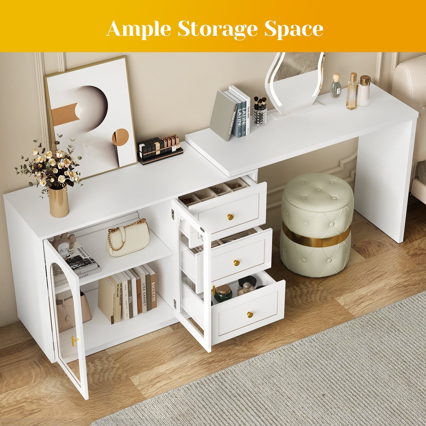 Heynemo Makeup Vanity Desk, Extendable Corner Vanity Makeup Table with 3 Drawers & 2 Door, Modern Dressing Table for Bedroom, Vanities for Women/Girls Bedroom (without Mirror)