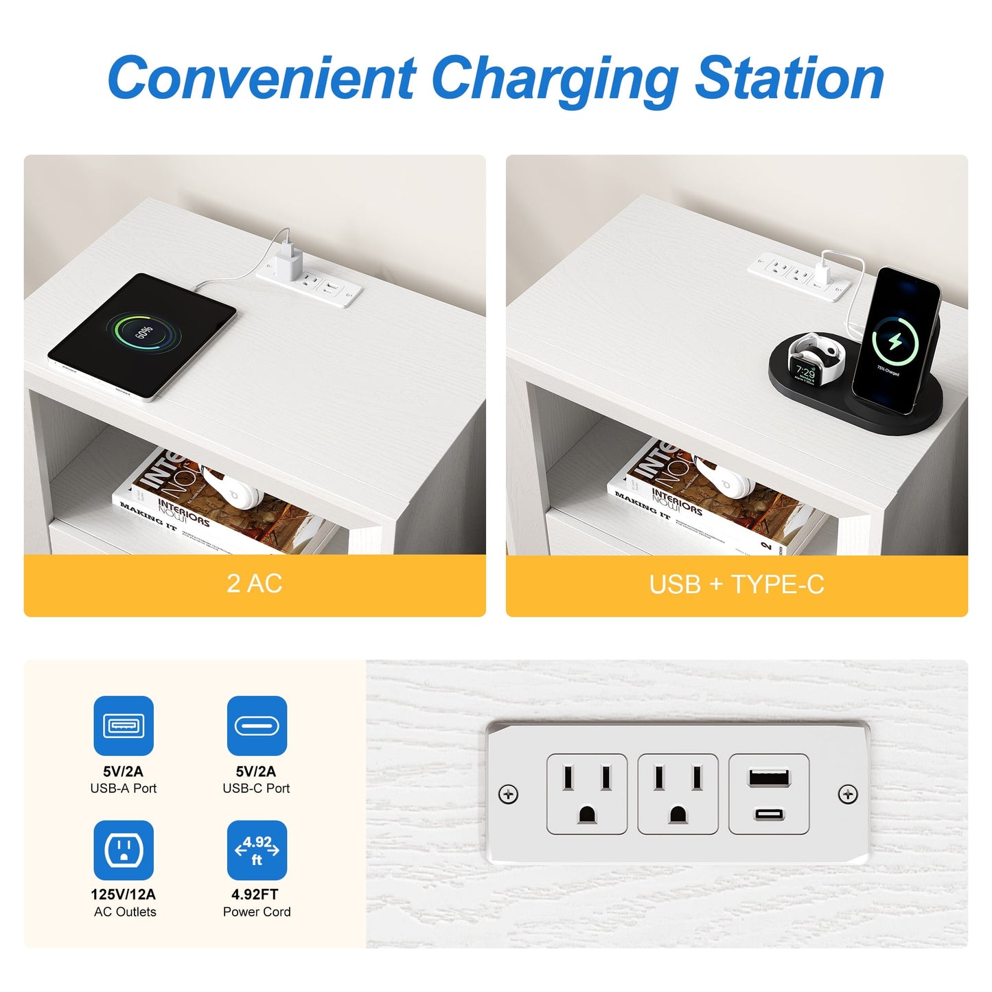May in Color Charging Nightstand Set: Modern Bedside Tables with Large Drawer, 2 USB-C Outlets, Storage Cabinet for Bedroom, Dorm, Set of 2, White