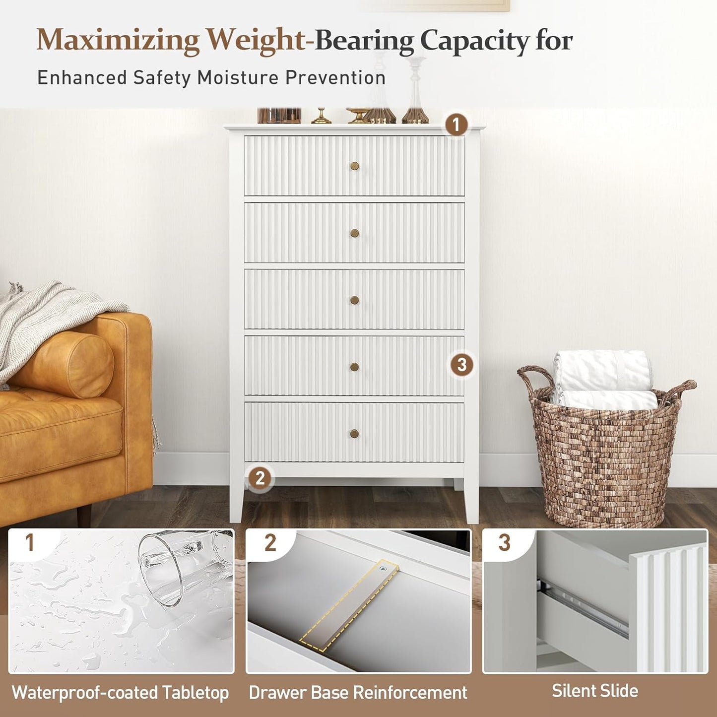 RoyalCraft Fluted 5 Drawers Dresser Set of 2 for Bedroom, Tall Chest of Drawer with Silent Slide Drawers, Modern Wood Storage Cabinet Organizer for Living Room, Hallway, Entryway, White