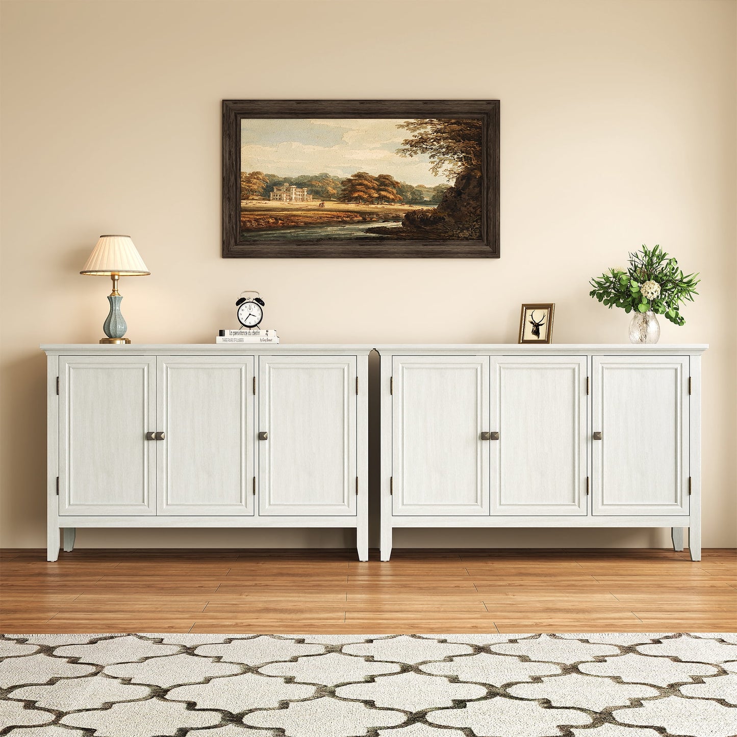 May in Color 3-Door Buffet Cabinet with Storage, Bohemian Sideboard with Adjustable Shelves, Wood Credenza Cabinet, Console Table for Bedroom, Living Room, Dining Room, Hallway, Grayish-White