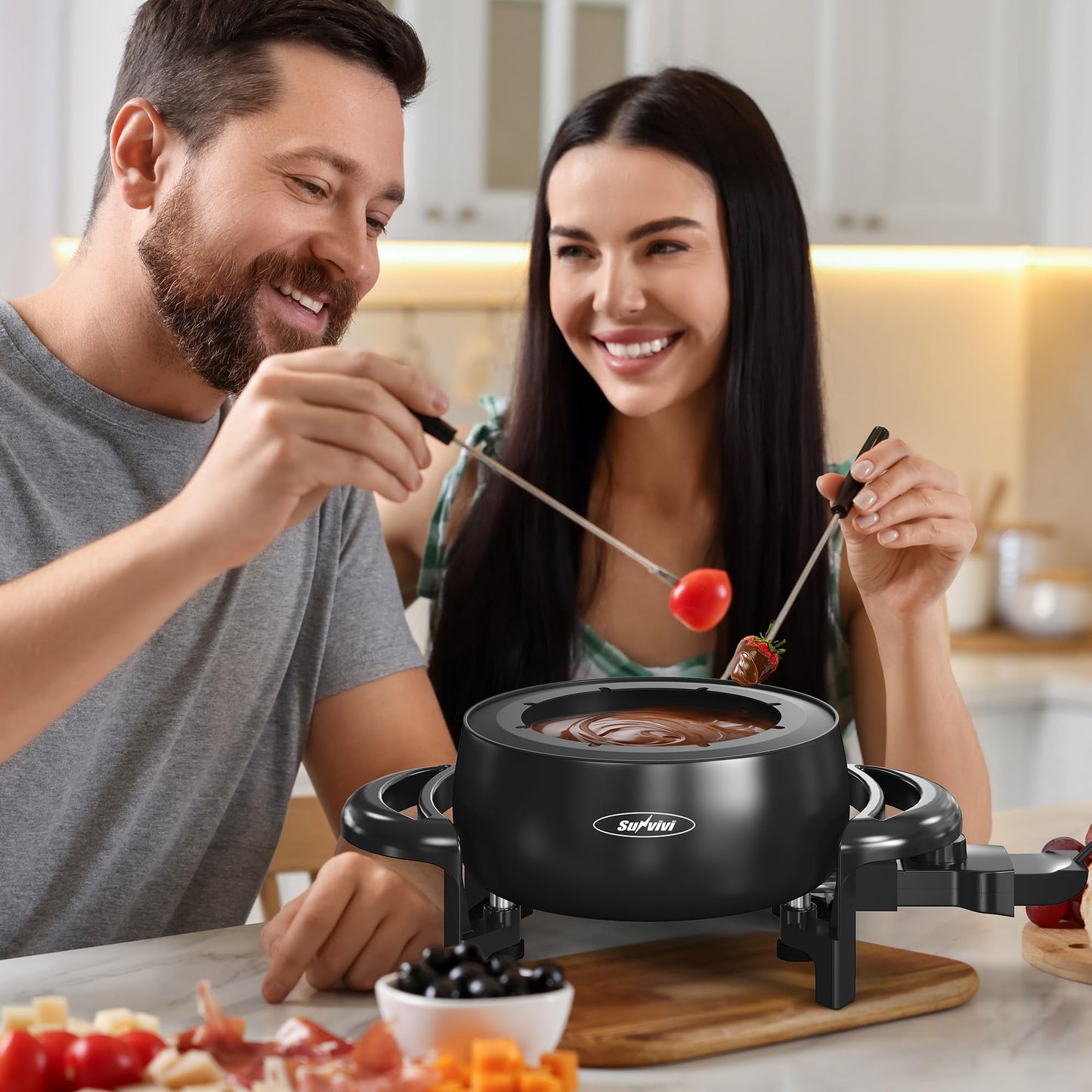 RoyalCraft Electric Fondue Pot Set for Melting Chocolate Cheese, 3 Quart Fondue Set with Adjustable Temperature Control and 8 Color-Coded Forks, 1000W Non-Stick Fondue Maker for Dessert, Oil and Broth