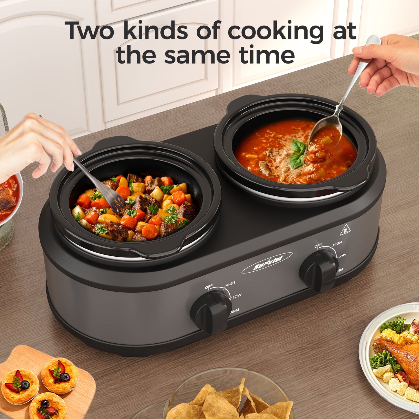 Sunvivi Small Double Slow Cooker, 2 Pot 1.25 Quart Oval Crock Food Warmer Buffet Server, Stainless Steel, Gray