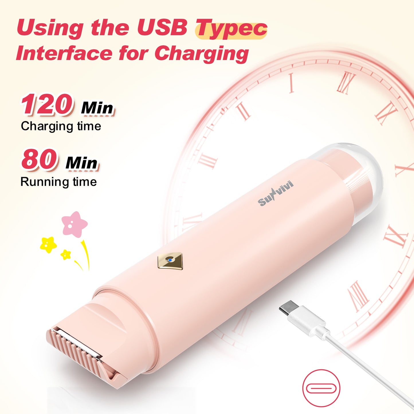 Sunvivi Versatile 2-in-1 Electric Bikini Trimmer for Women: Waterproof Pubic Razor for Face Body Bikini Underarm Leg Arm, Pink