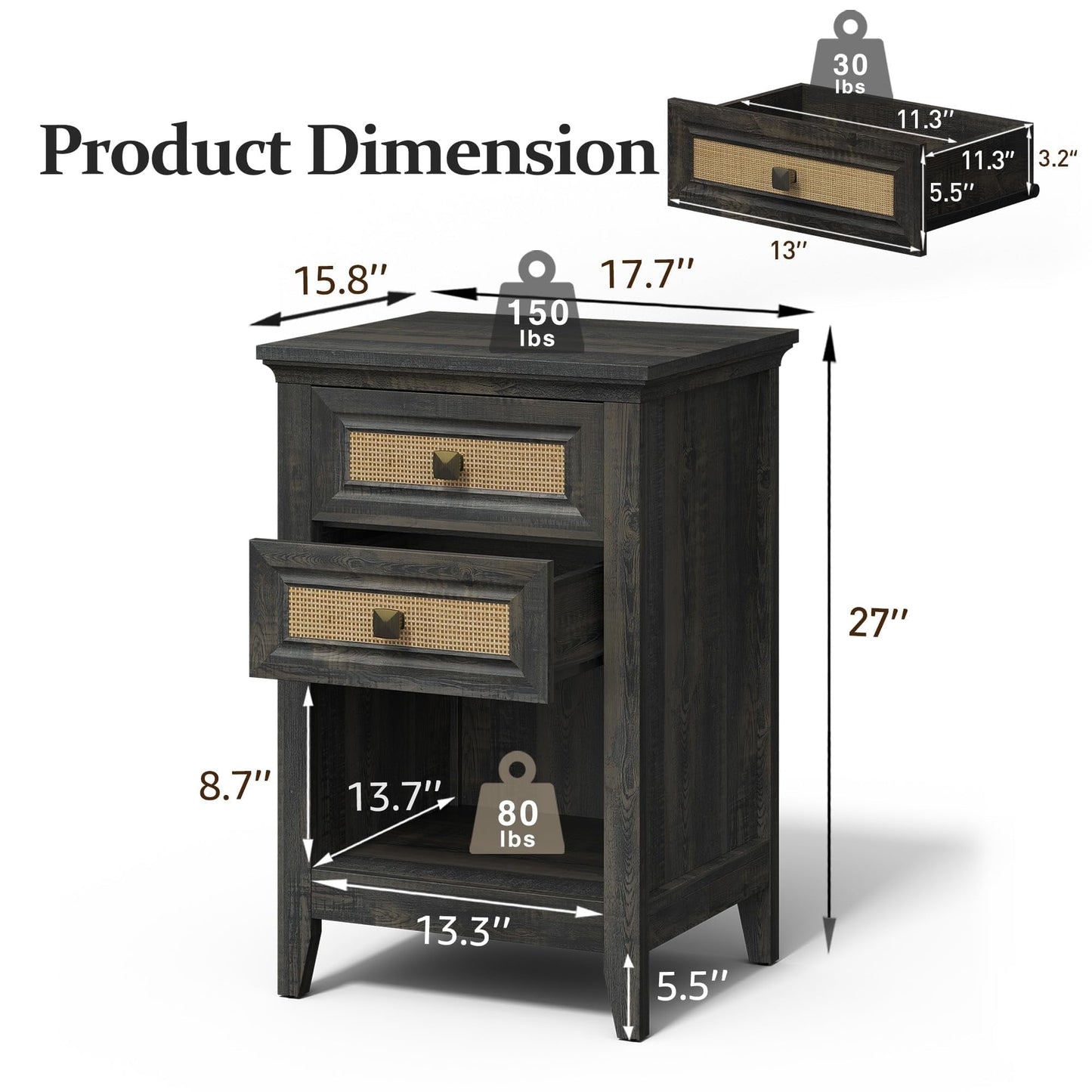 RoyalCraft Nightstand with 2 Drawers, Accent Bedside Table with Rattan Decor Drawers and Large Storage Shelf, Boho Wood End Table Organizer for Bedroom, Living Room, Coffee