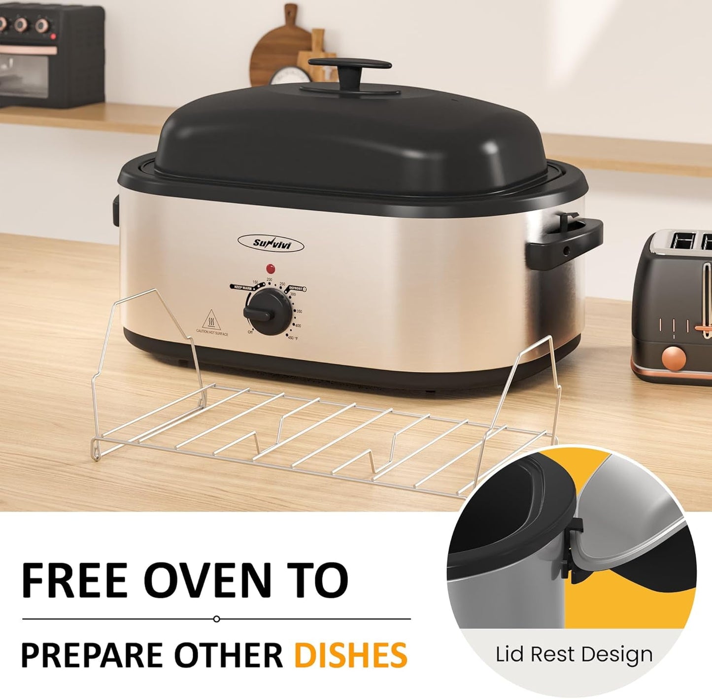Royalcraft Electric Roaster Oven With 3 Compartments, Self-Basting Lid - 20 Qt, Silver
