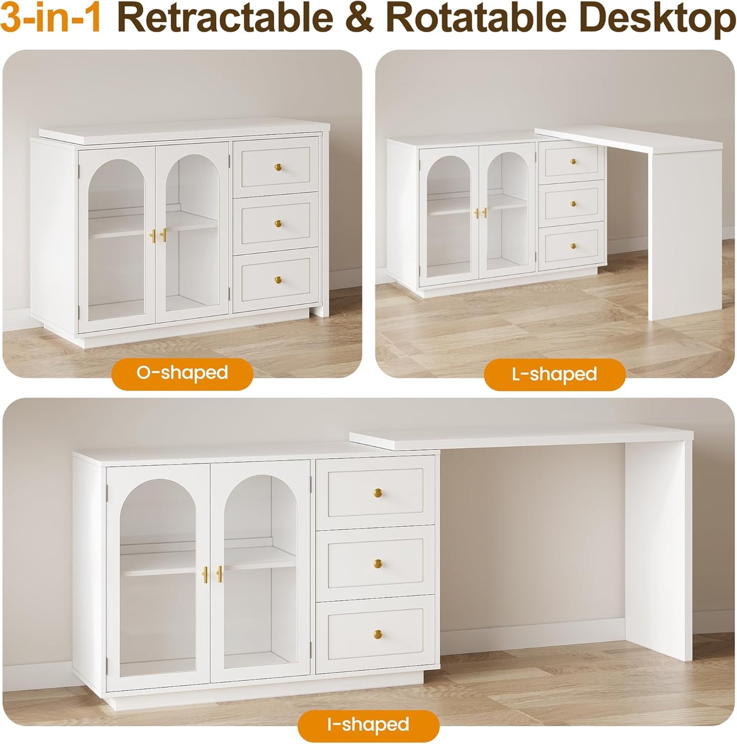 RoyalCraft 83?¡À Large Extendable Makeup Vanity Desk, Corner Vanity Table with 3 Drawer & 2 Door, Modern Dressing Table and Chest of Drawers Combo, Accent Vanity for Bedroom, Dressing Room