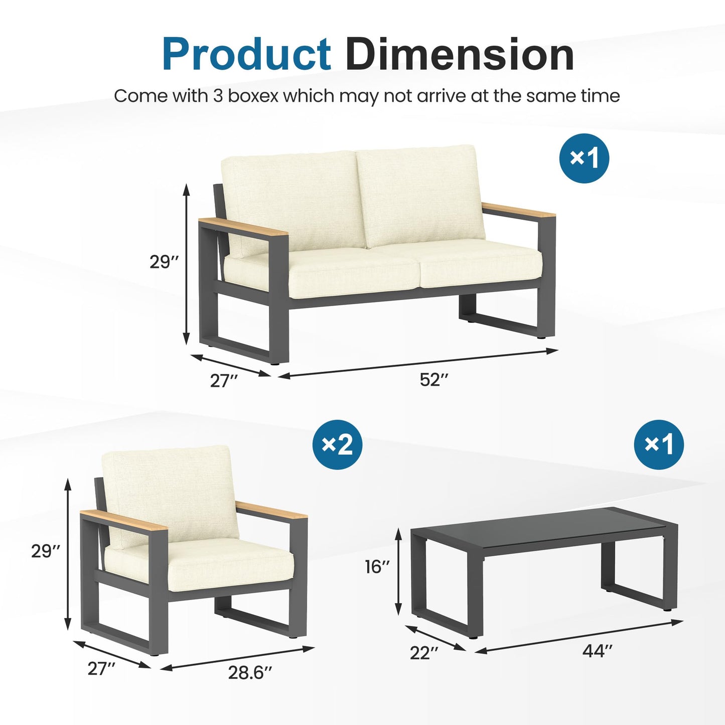 Heynemo Aluminum Patio Furniture, 4-Seats Metal Outdoor Furniture Set with Coffee Table, Modern Patio Sofa Sets Outdoor Conversation Set for Pool Garden Porch Backyard, Beige