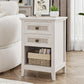Royalcraft Farmhouse Nightstand, Boho Bedside Table with 2 Rattan Decor Drawers, Accent End Table with Open Storage Shelf, Wood Bedside Unit for Bedroom, Living Room, Home Office, Grayish White