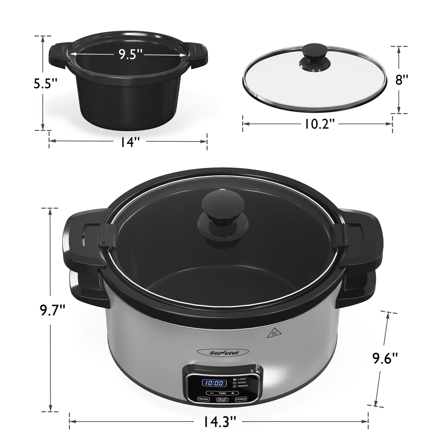 Heynemo 4QT Programmable Slow Cooker with Locking Lid, Removable Ceramic Pot, 3 Heating Settings & Timer, Dishwasher-Safe, Stainless Steel