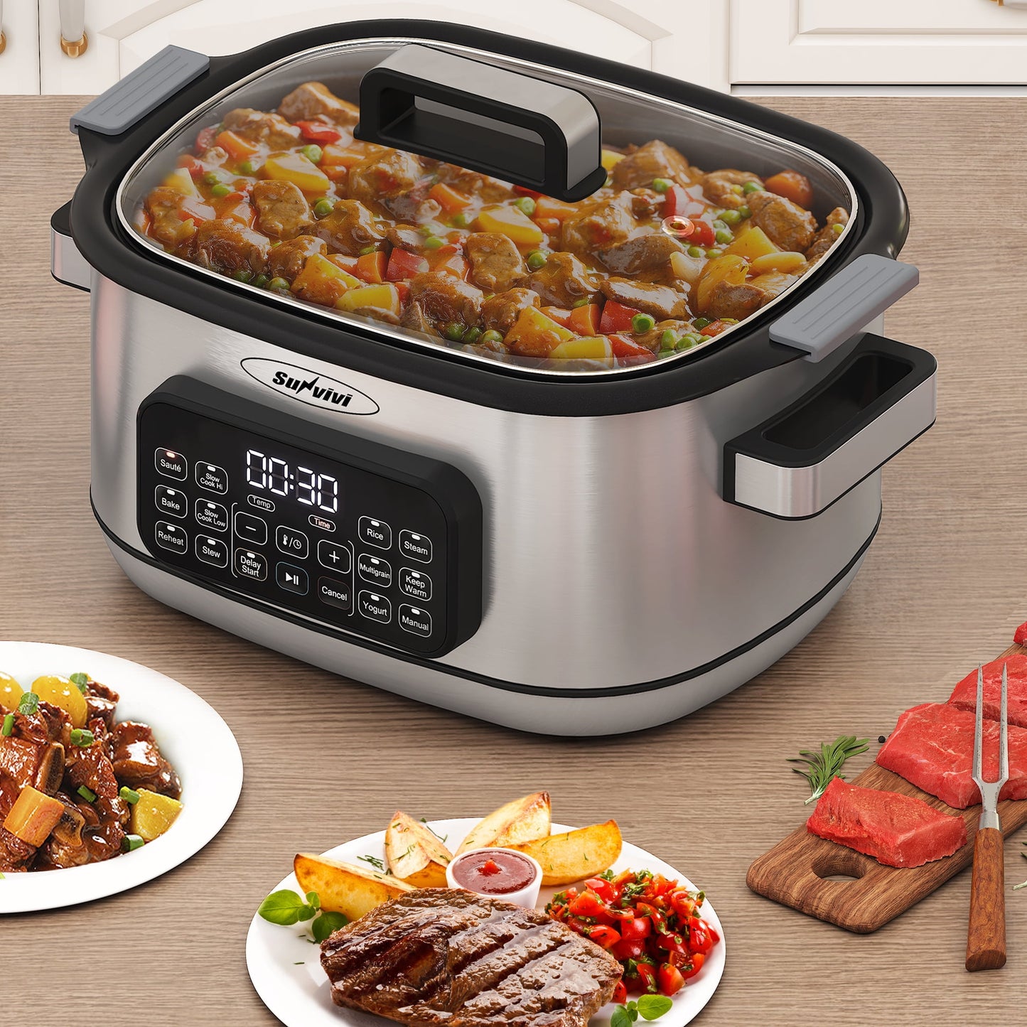 Sunvivi 6.5 Quart Slow Cooker,11 in 1 programmable Multi-Cooker Food Warmer with Digital Timer, Temp Control
