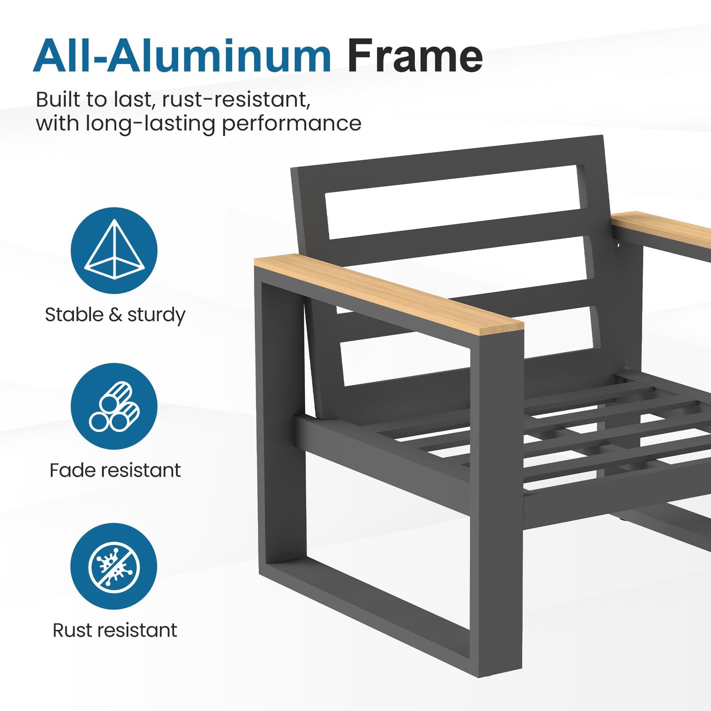 Aluminum Outdoor Patio Furniture Set with Height-adjustable Footrest for Lawn Porches Patio, 7-Seats All-weather Patio Sofa Sets with Coffee Table, Modern Outdoor Patio Conversation set, Grey