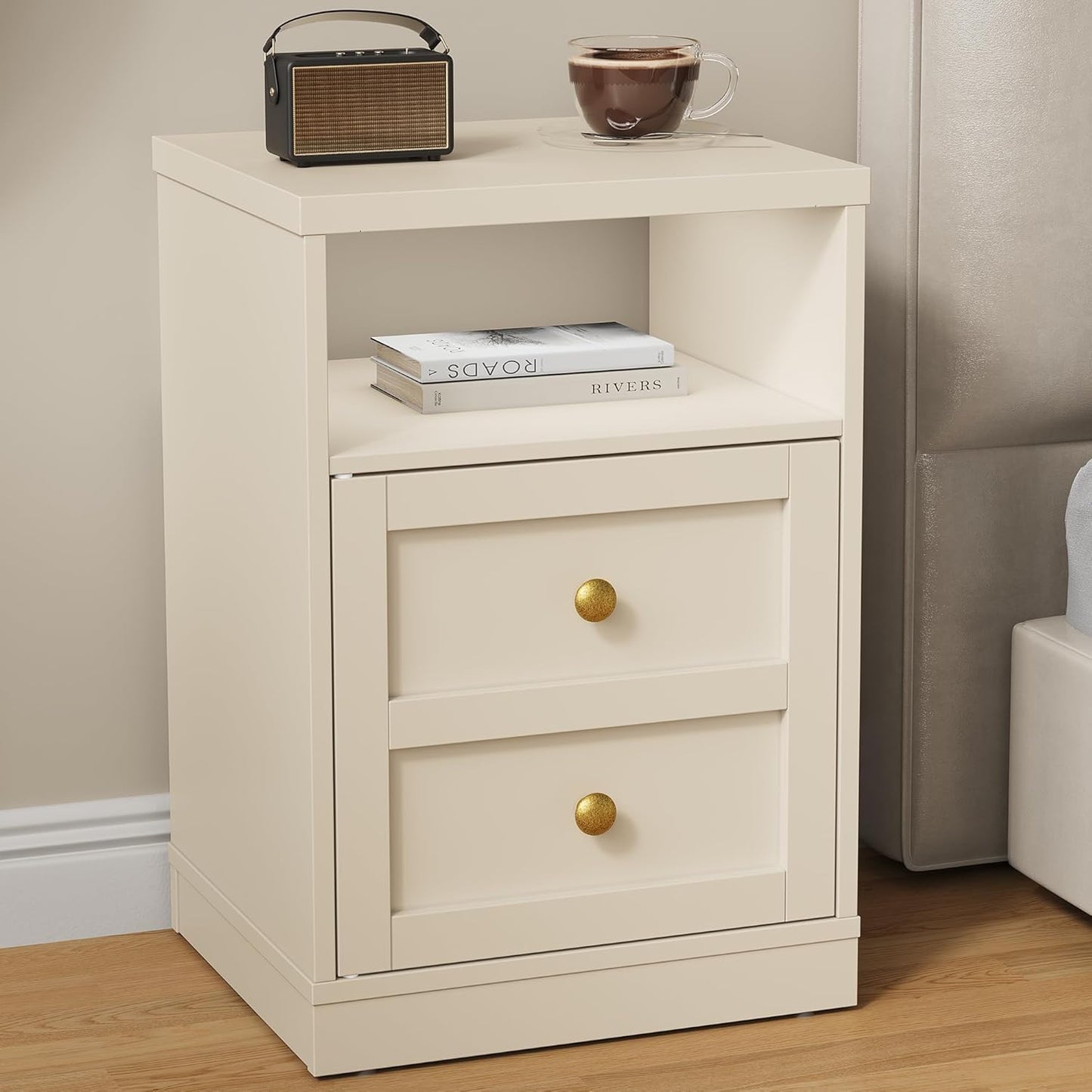 Royalcraft Nightstand with Storage Shelf and Door, Faux two-drawer Design Side Table , Modern Night Stand for Bedroom Dorm, Wood End Table for Living Room Small Spaces