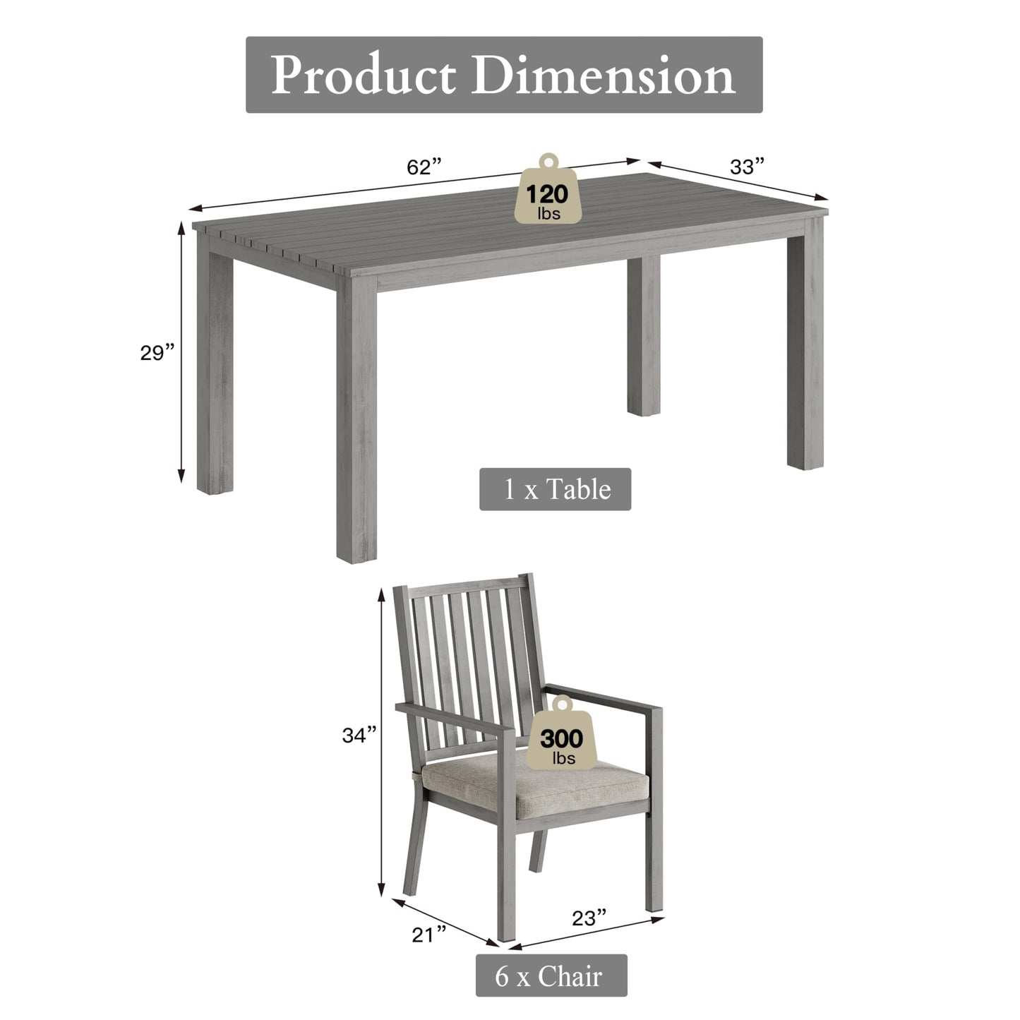 May in Color Aluminum 7 Pieces Patio Dining Sets, Outdoor Dining Table with 6 Chairs, Outdoor Patio Dining Furniture Set with Removable Cushion for Lawn, Garden, Backyard, Gray