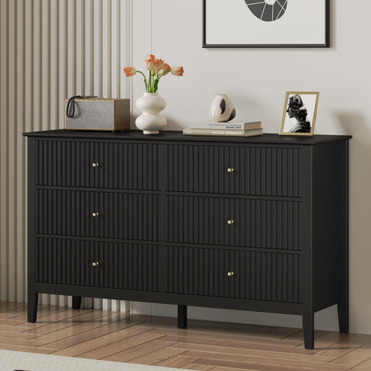 Heynemo 6 Drawer Dresser, Fluted Modern Wood Dresser with Ball Bearing Slide, Ideal for Bedroom TV Stand Storage Cabinet, Set of 1, Black