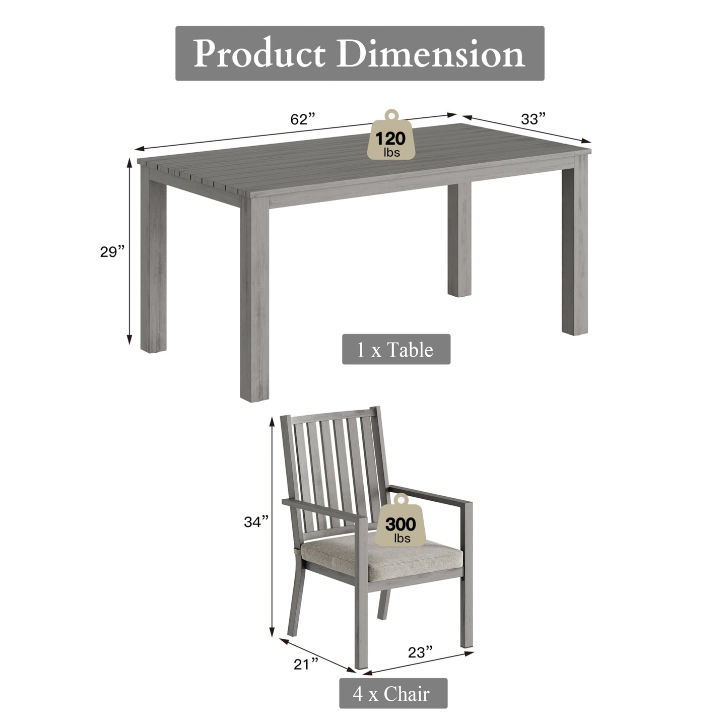 May in Color Aluminum 5 Pieces Patio Dining Sets, Outdoor Dining Table with 4 Chairs, Outdoor Patio Dining Furniture Set with Removable Cushion for Lawn, Garden, Backyard, Gray