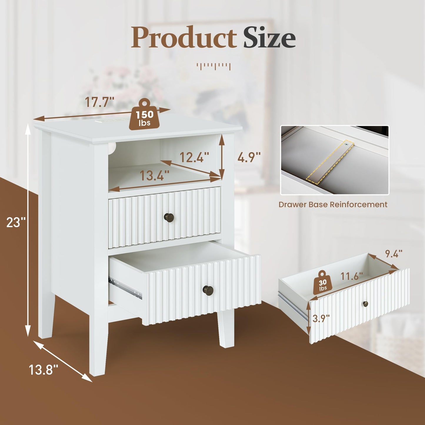 May in Color Fluted Nightstand with 2 Drawers, Modern Wooden Sofa Table with Storage for Small Spaces, Tall End Table for Bedroom