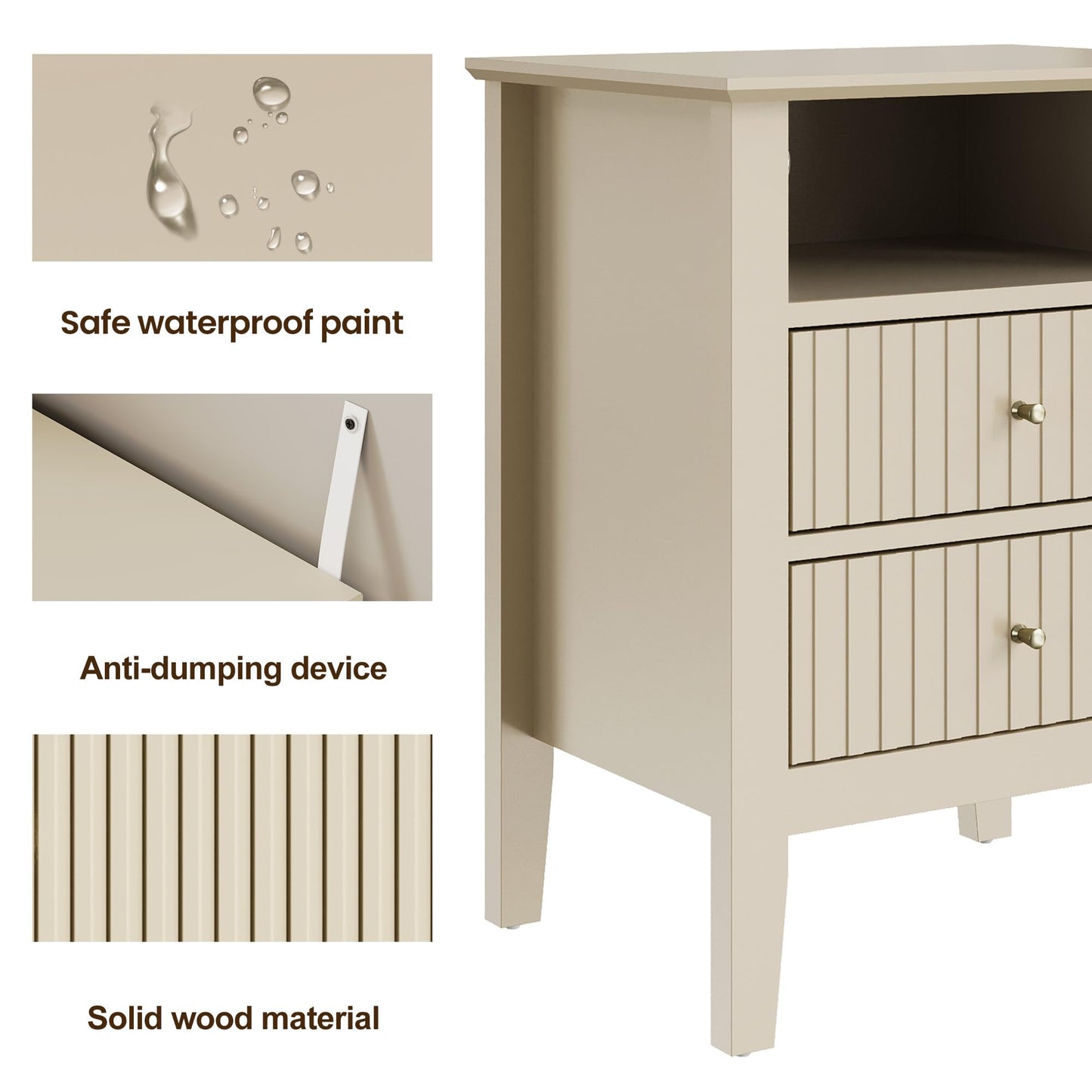 May in Color Fluted Nightstand with 2 Drawers, Modern Wooden Sofa Table with Storage for Small Spaces, Tall End Table for Bedroom
