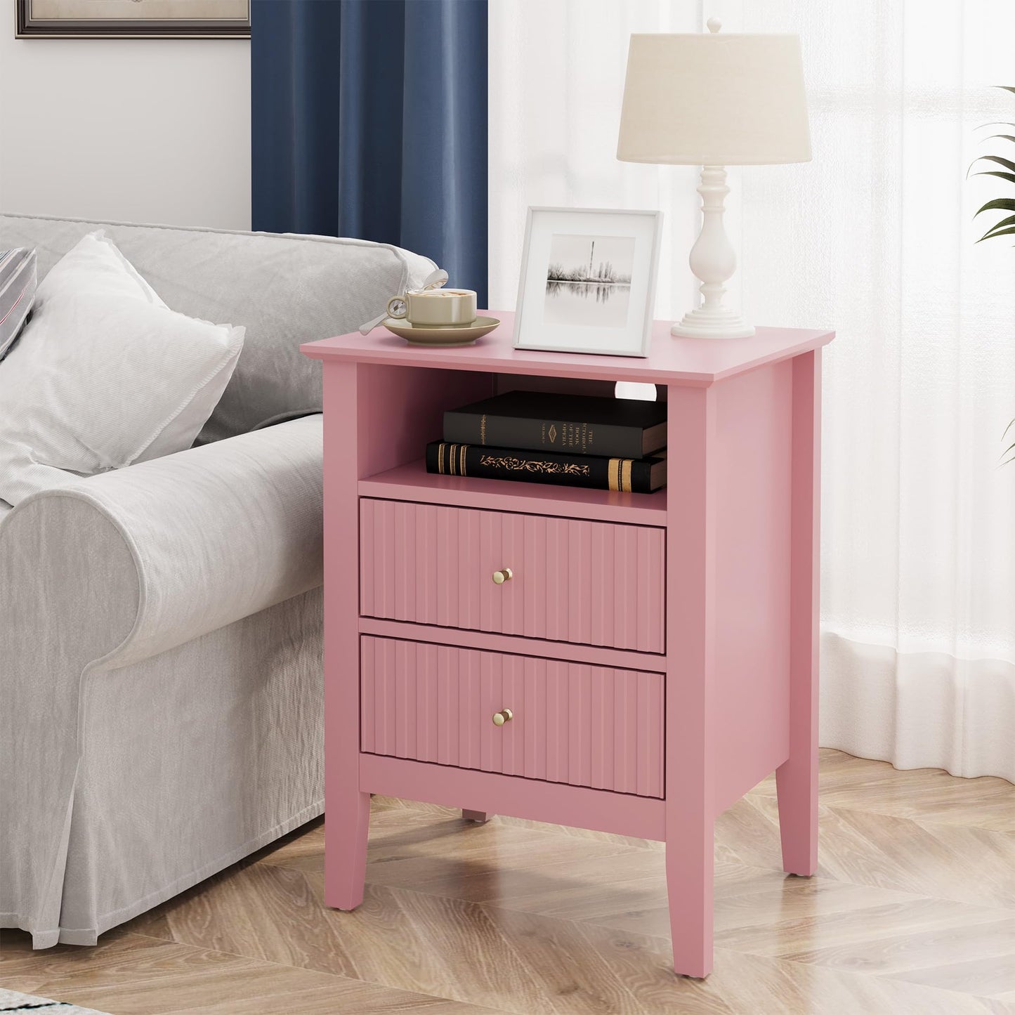 May in Color Fluted Nightstand with 2 Drawers, Modern Wooden Sofa Table with Storage for Small Spaces, Tall End Table for Bedroom