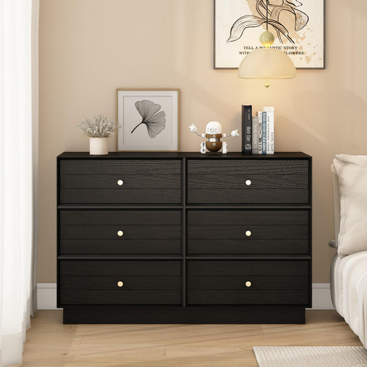 Heynemo 6 Drawer Dresser, Modern Closet Dressers with Crystal Knobs & Painted Strip, for Bedroom Living Room Hallway Closet, Black