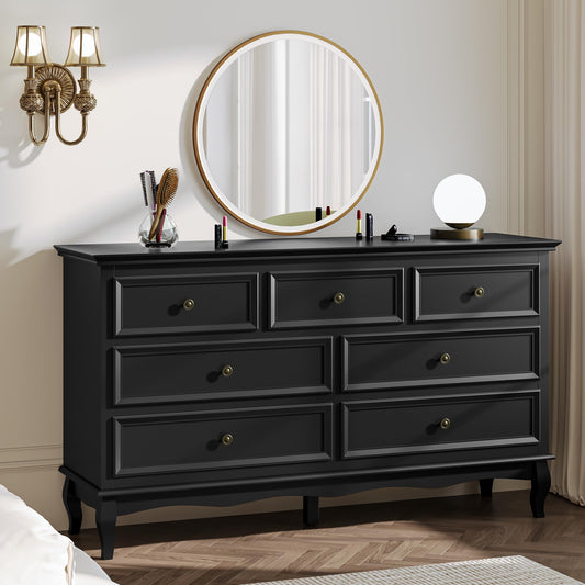 Heynemo Dresser for Bedroom, 7 Drawers Dresser with Distinctive Wooden Legs & Black Paint Finish, Great for Bedroom, Living Room, Hallway, Black