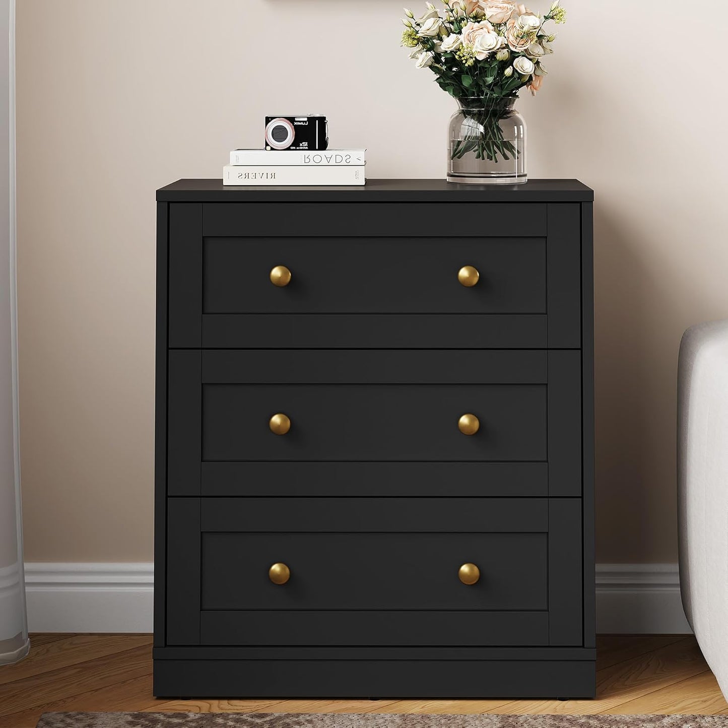 Royalcraft 3-Drawer Nightstand, Spacious Bedside Table with Gold Round Knobs, Modern Wooden End Table, Accent Chest of Drawers for Bedroom, Living Room, Hallway, or Closet