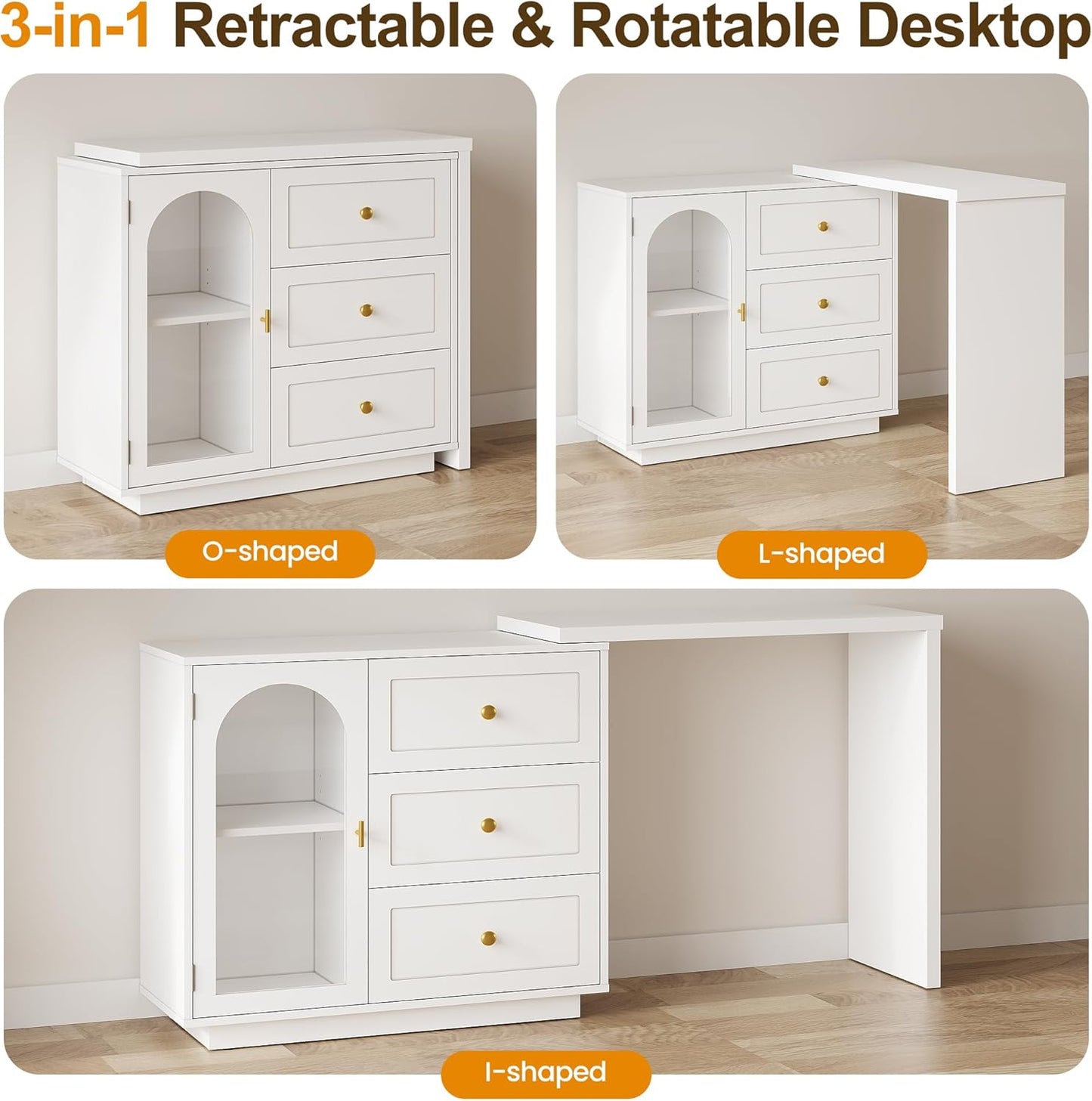 RoyalCraft 59?¡À Large Extendable Makeup Vanity Desk, Corner Vanity Table with 3 Drawer & 1 Door, Modern Dressing Table and Chest of Drawers Combo, Accent Vanity for Bedroom, Dressing Room