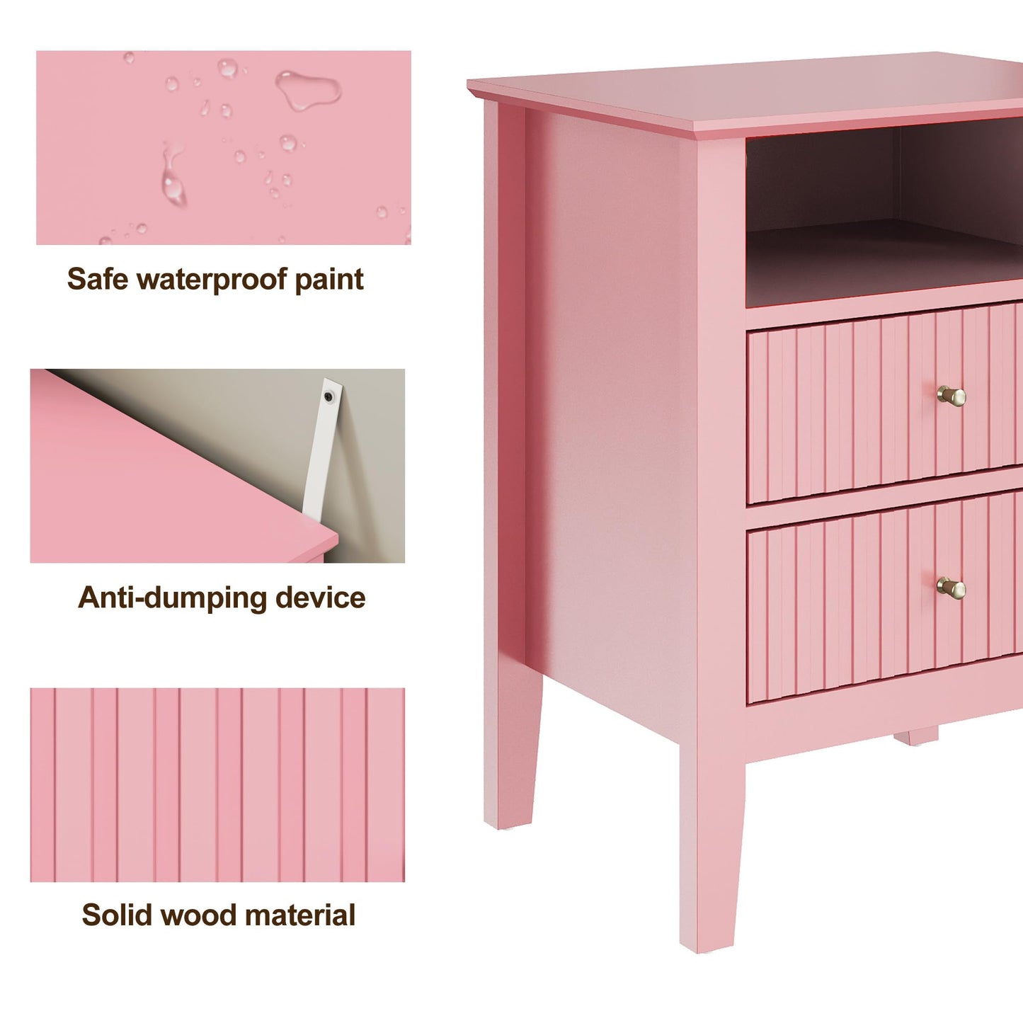 May in Color Fluted Nightstand with 2 Drawers, Modern Wooden Sofa Table with Storage for Small Spaces, Tall End Table for Bedroom