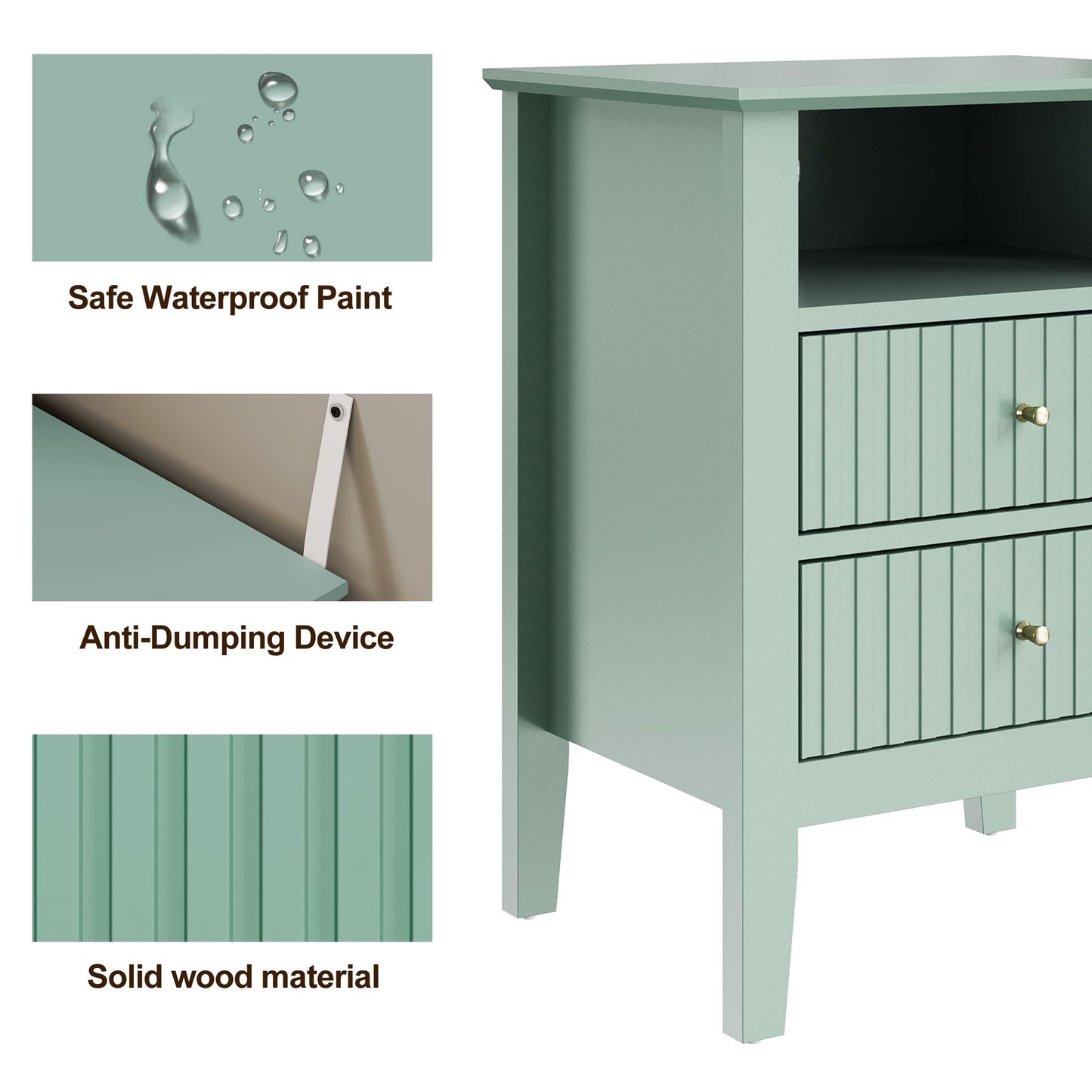 May in Color Fluted Nightstand with 2 Drawers, Modern Wooden Sofa Table with Storage for Small Spaces, Tall End Table for Bedroom