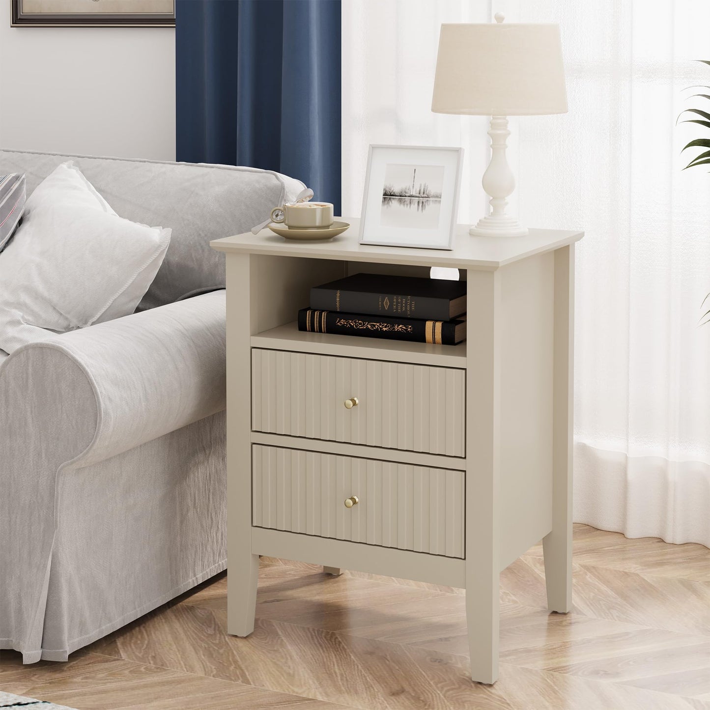 May in Color Fluted Nightstand with 2 Drawers, Modern Wooden Sofa Table with Storage for Small Spaces, Tall End Table for Bedroom